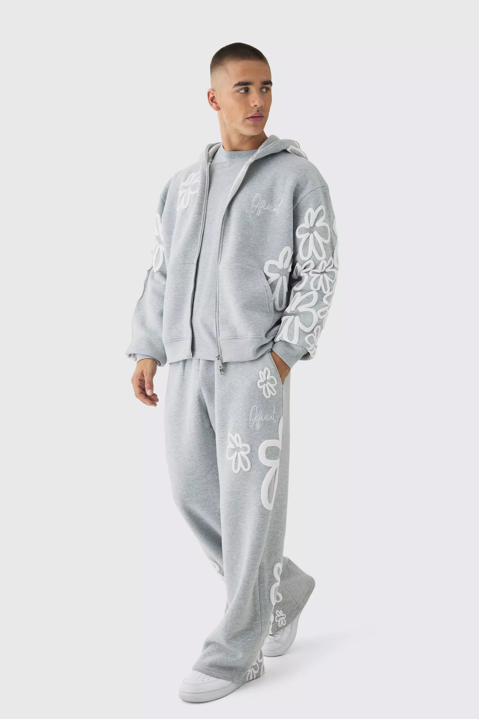 Oversized Boxy Floral Puff Print Zip Through Tracksuit | boohooMAN USA