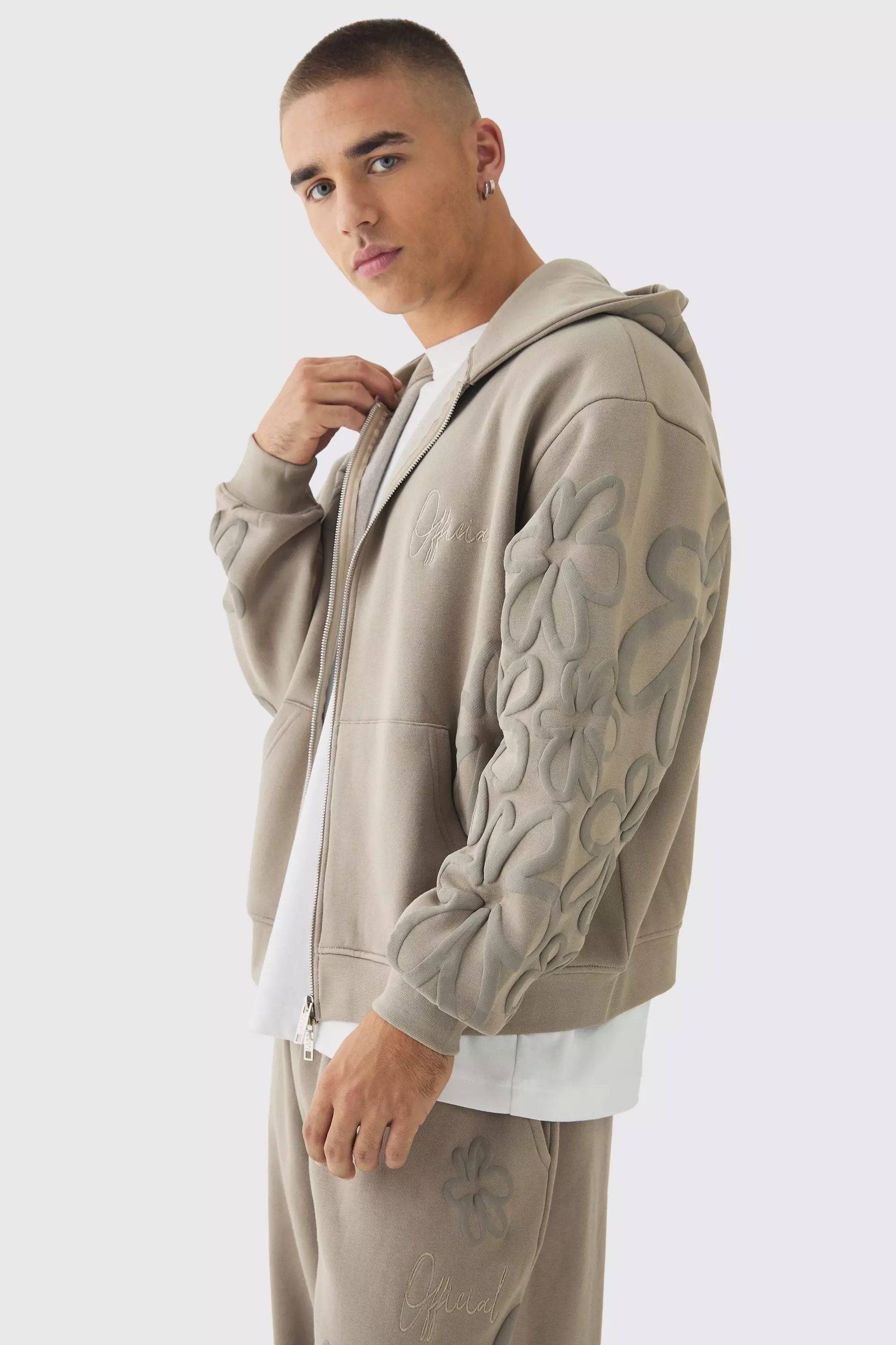 Taupe Oversized Boxy Floral Puff Print Zip Through Hoodie alternative image