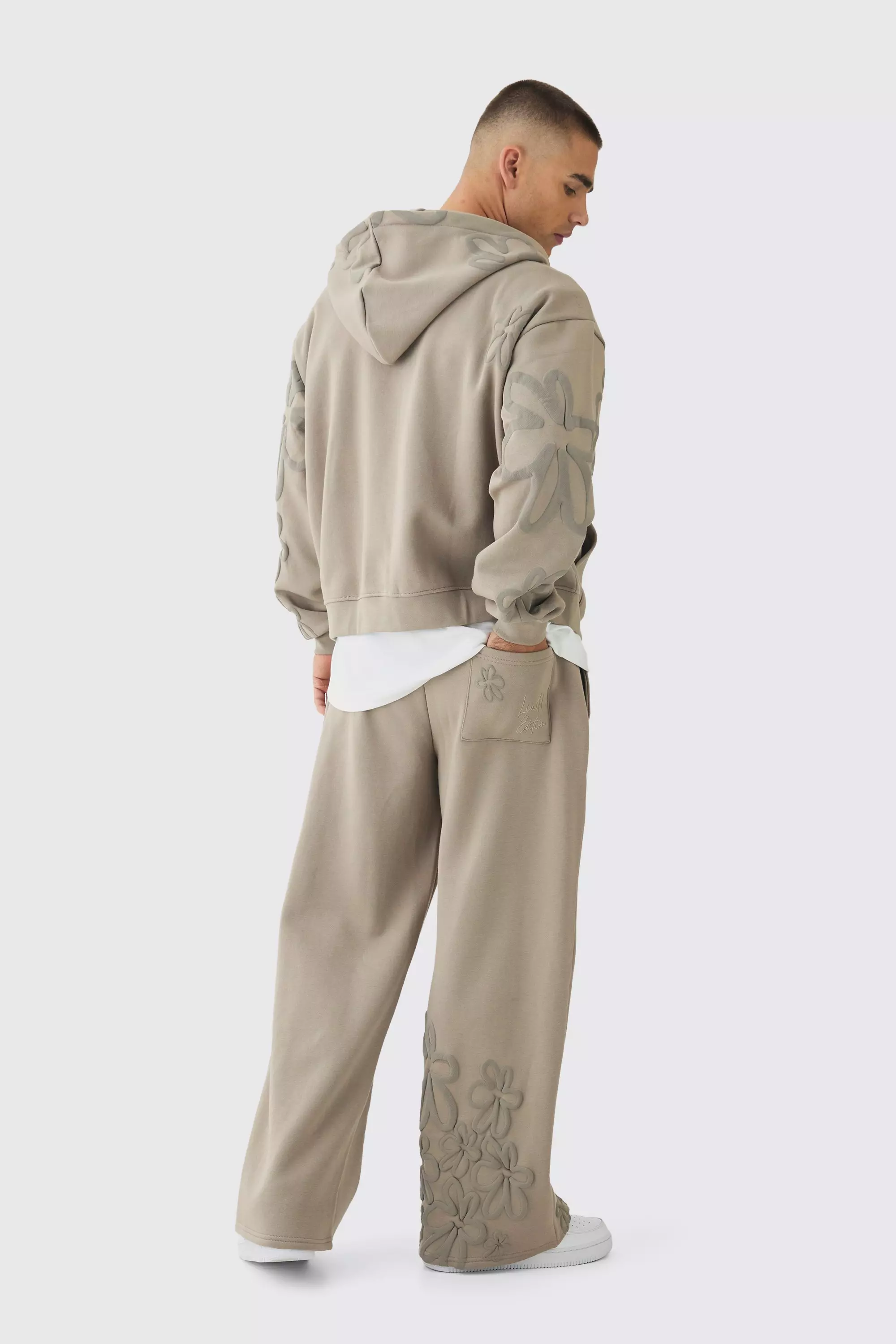 Taupe Oversized Boxy Floral Puff Print Zip Through Hoodie alternative image