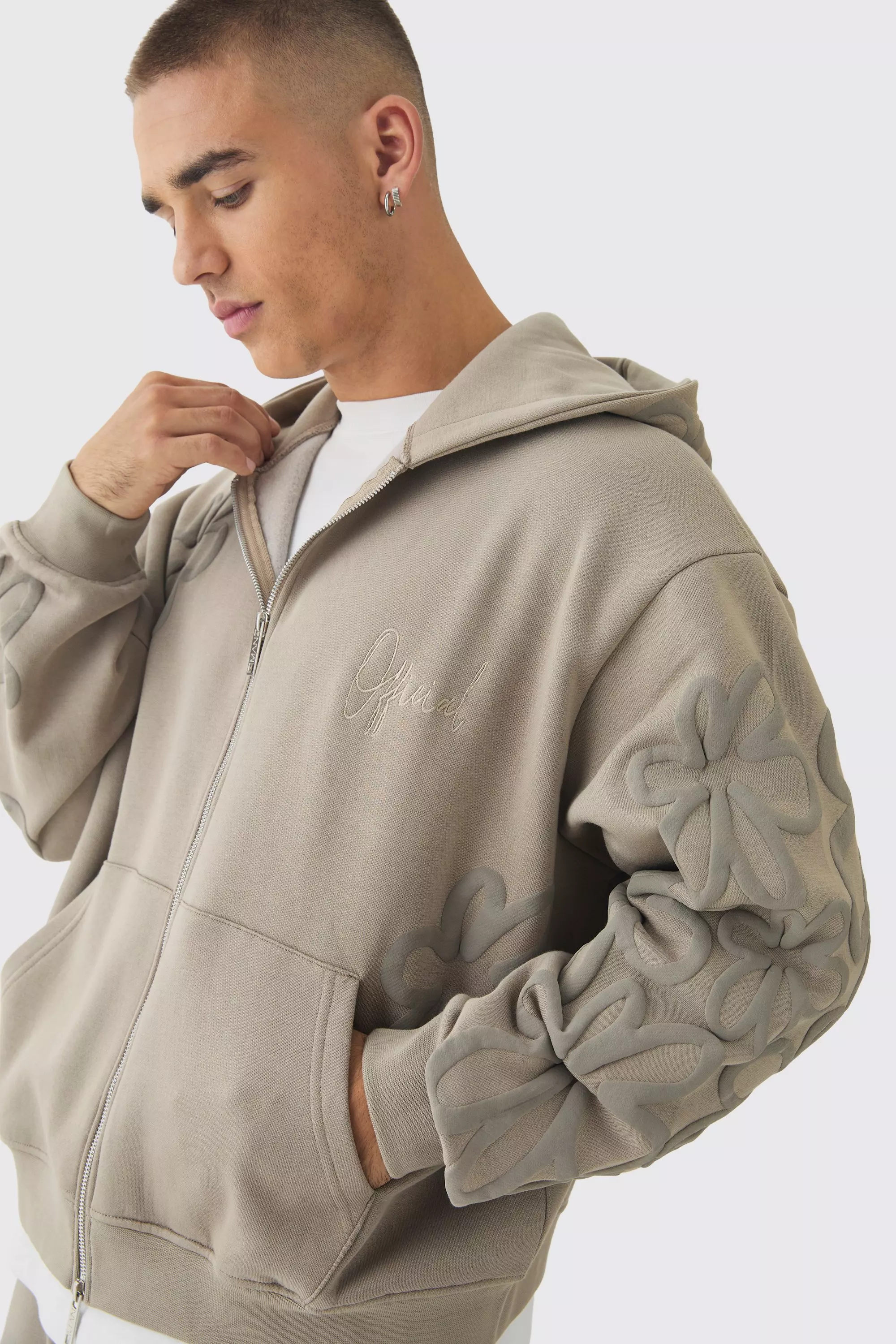 Taupe Oversized Boxy Floral Puff Print Zip Through Hoodie alternative image