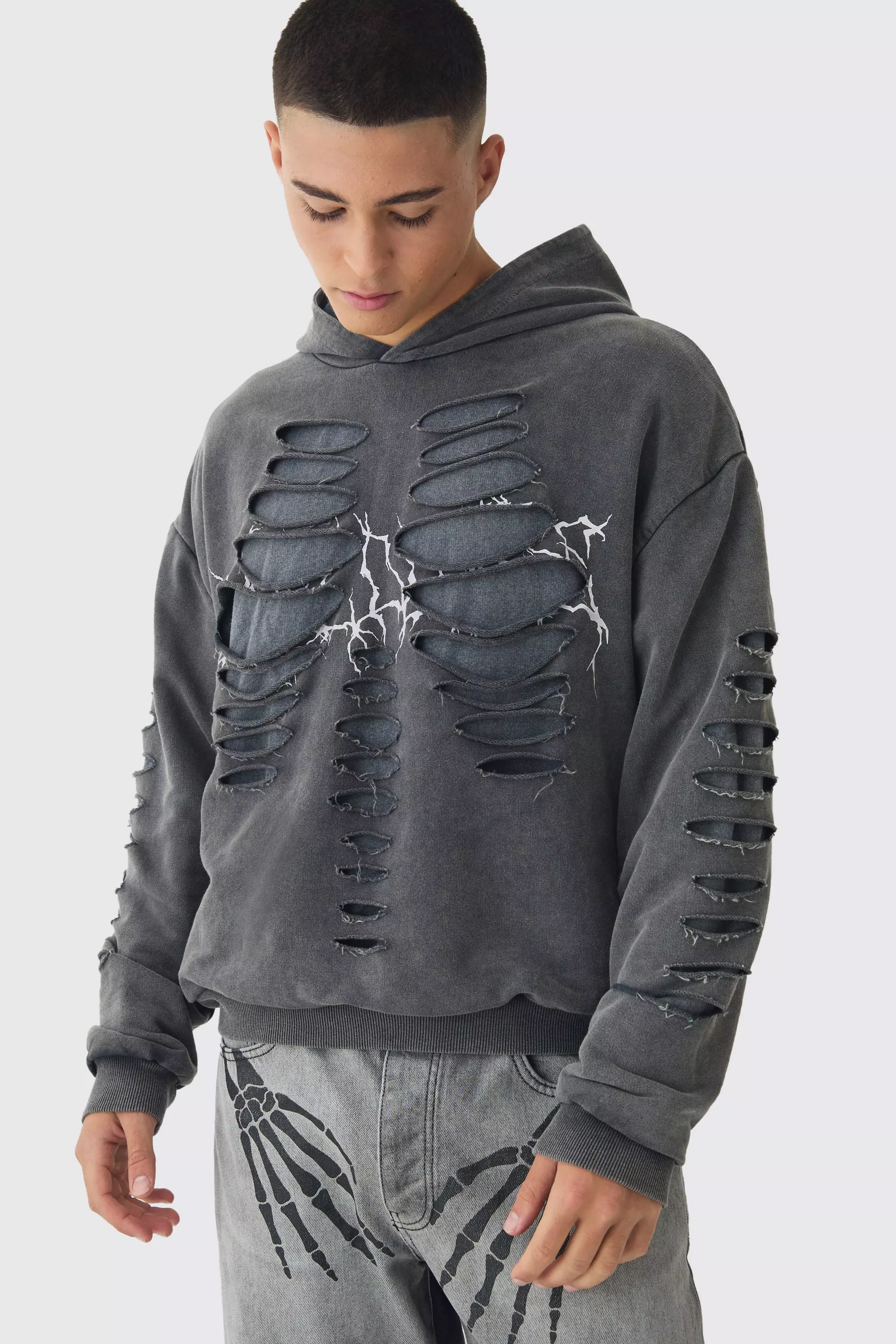 Oversized Boxy Cut Out Skeleton Printed Hoodie Black