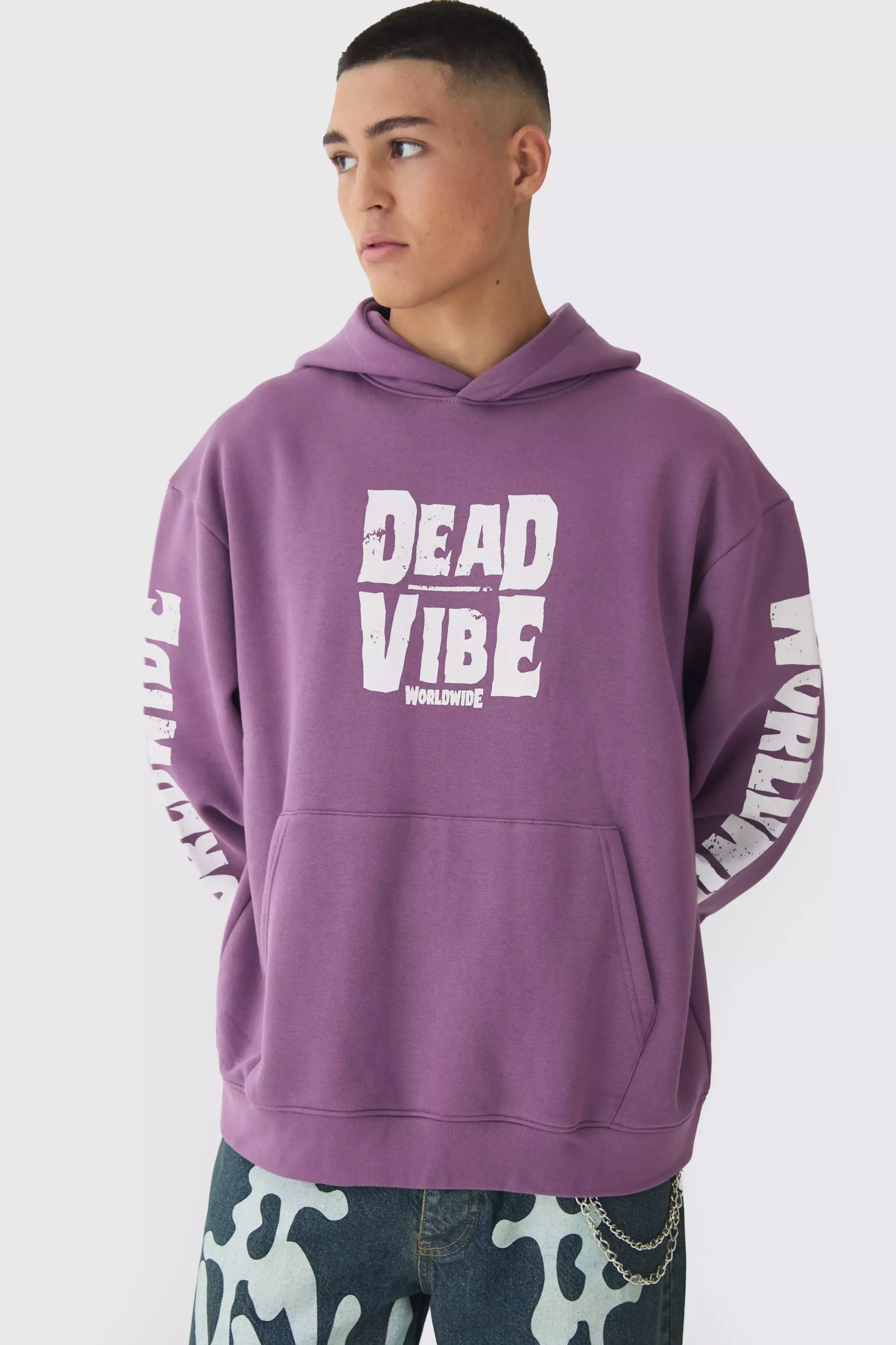 Oversized Distressed Print Hoodie Purple