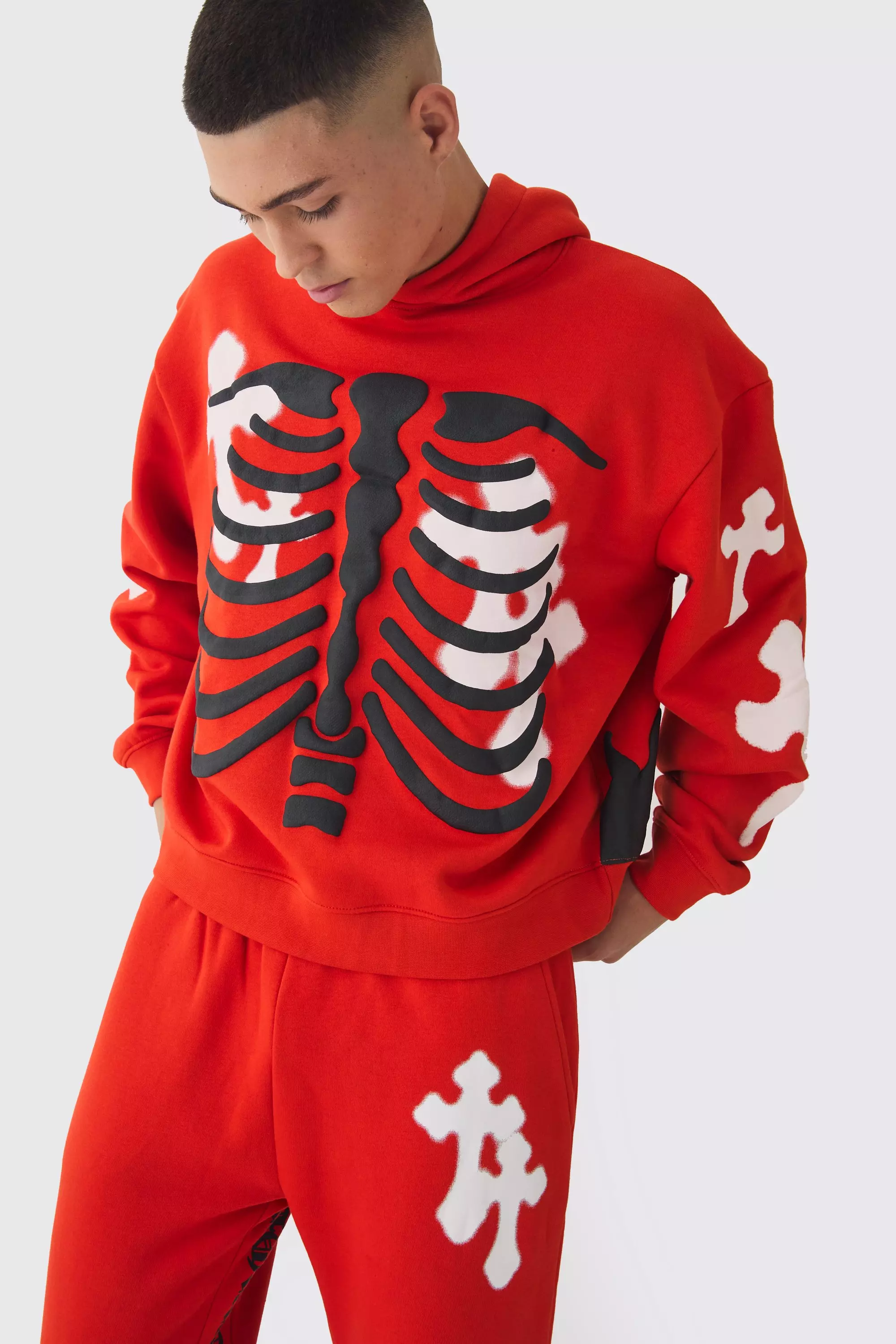 Oversized Boxy Skeleton Puff Print Cross Hoodie Red