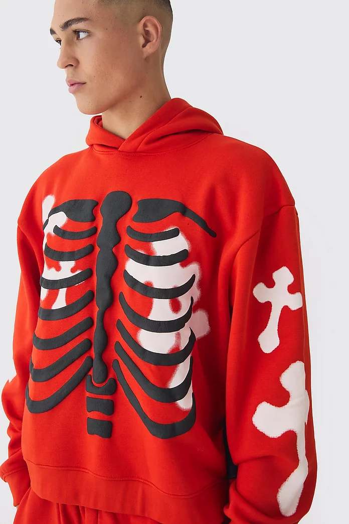 Oversized Boxy Skeleton Puff Print Cross Hoodie | boohooMAN USA Oversized Boxy Skeleton Puff Print Cross Hoodie | boohooMAN USA