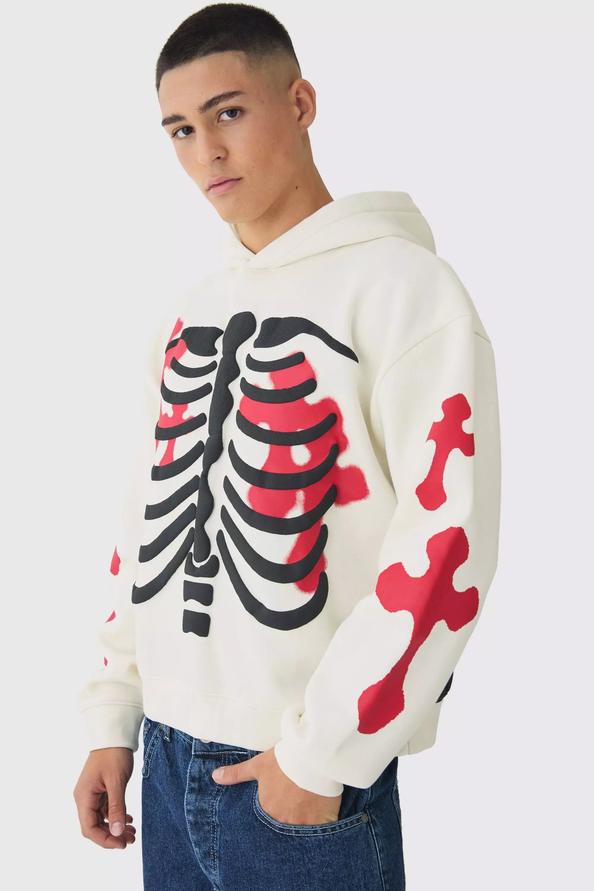 Oversized Boxy Skeleton Puff Print Cross Hoodie Ecru