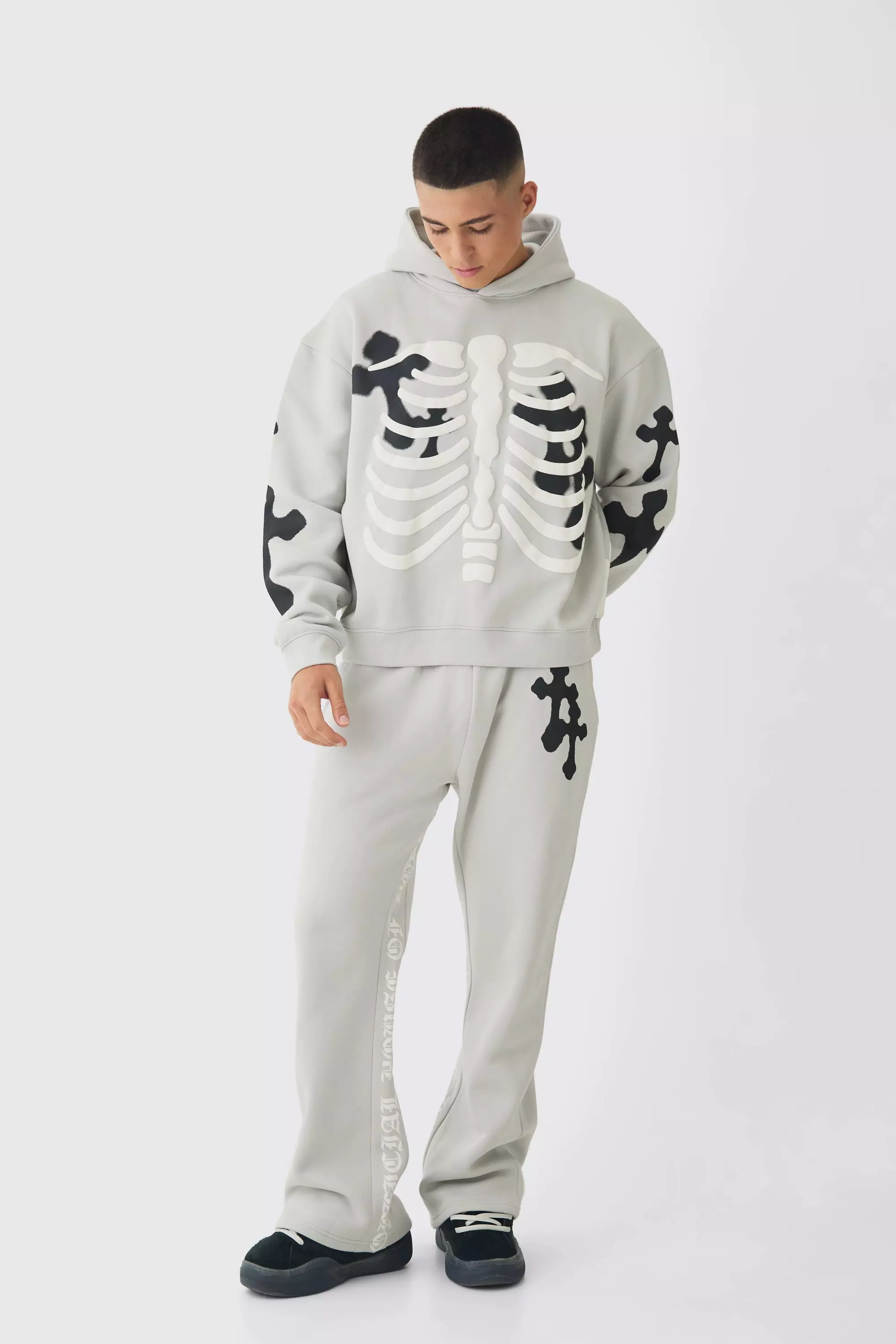 Oversized Boxy Skeleton Puff Print Cross Tracksuit Grey