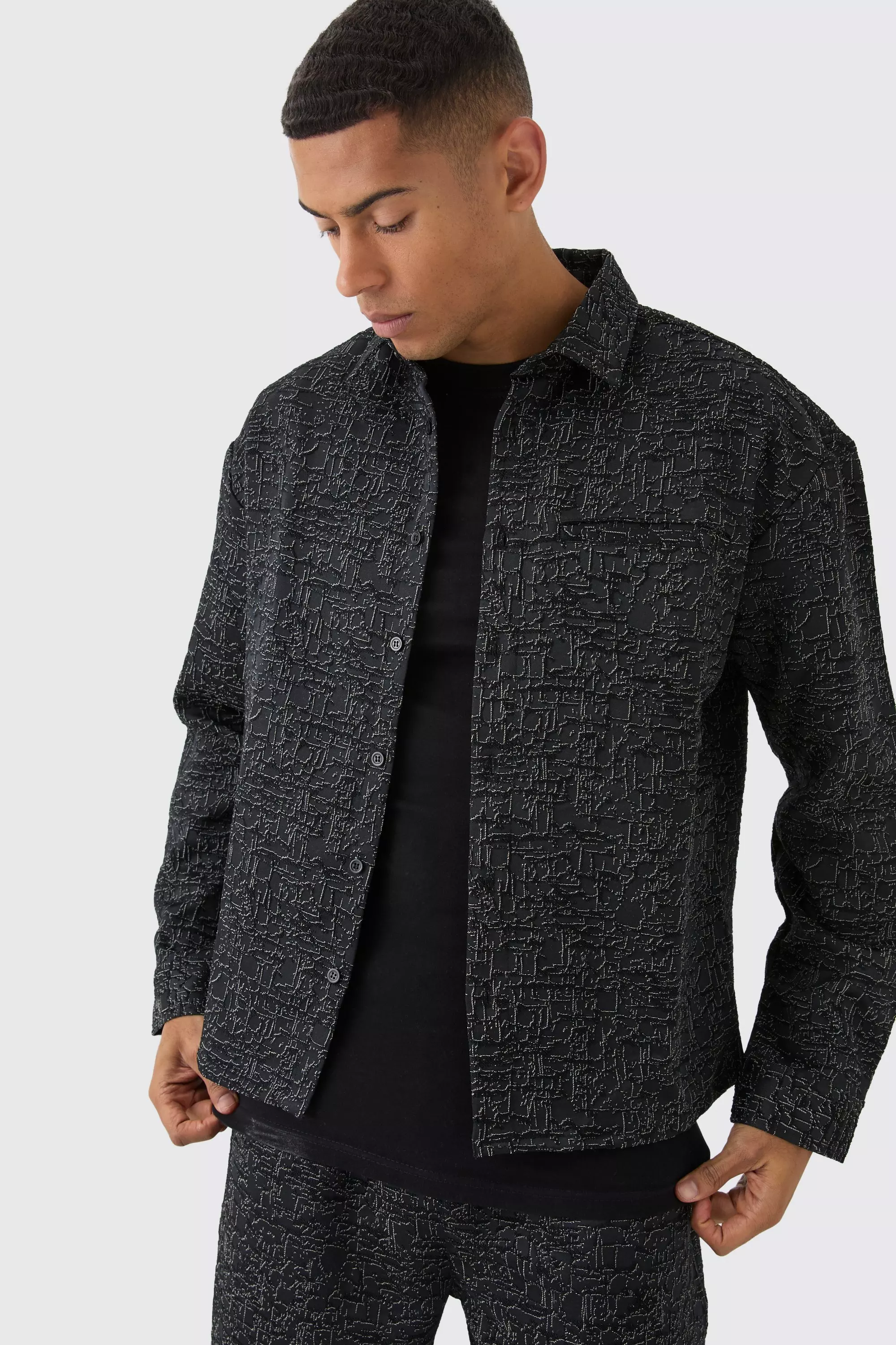 Black Baggy Jacquard Broek Met Abstract Patroon alternatieve afbeelding