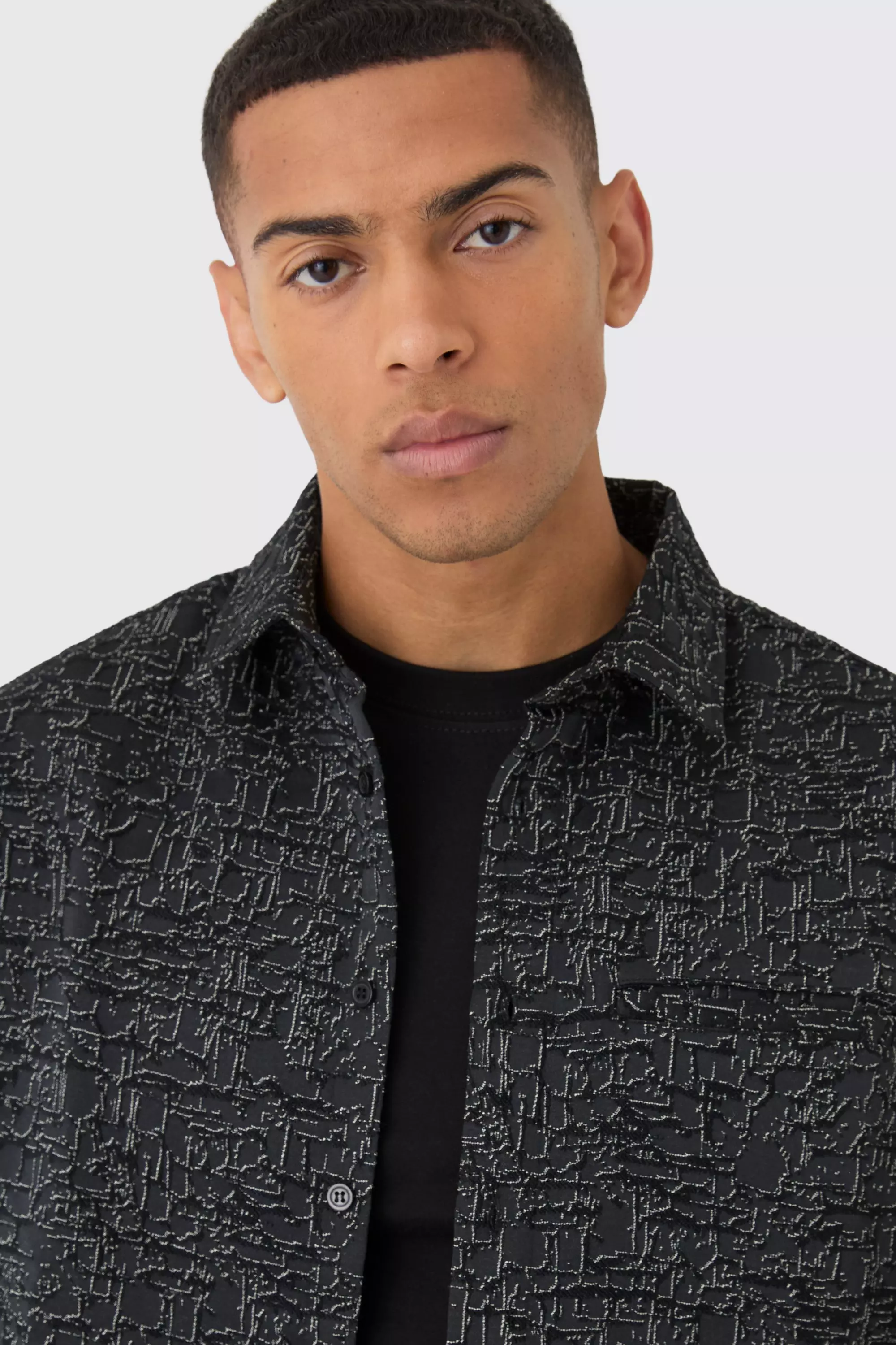 Black Oversized Jacquard Abstract Pattern Overshirt alternative image