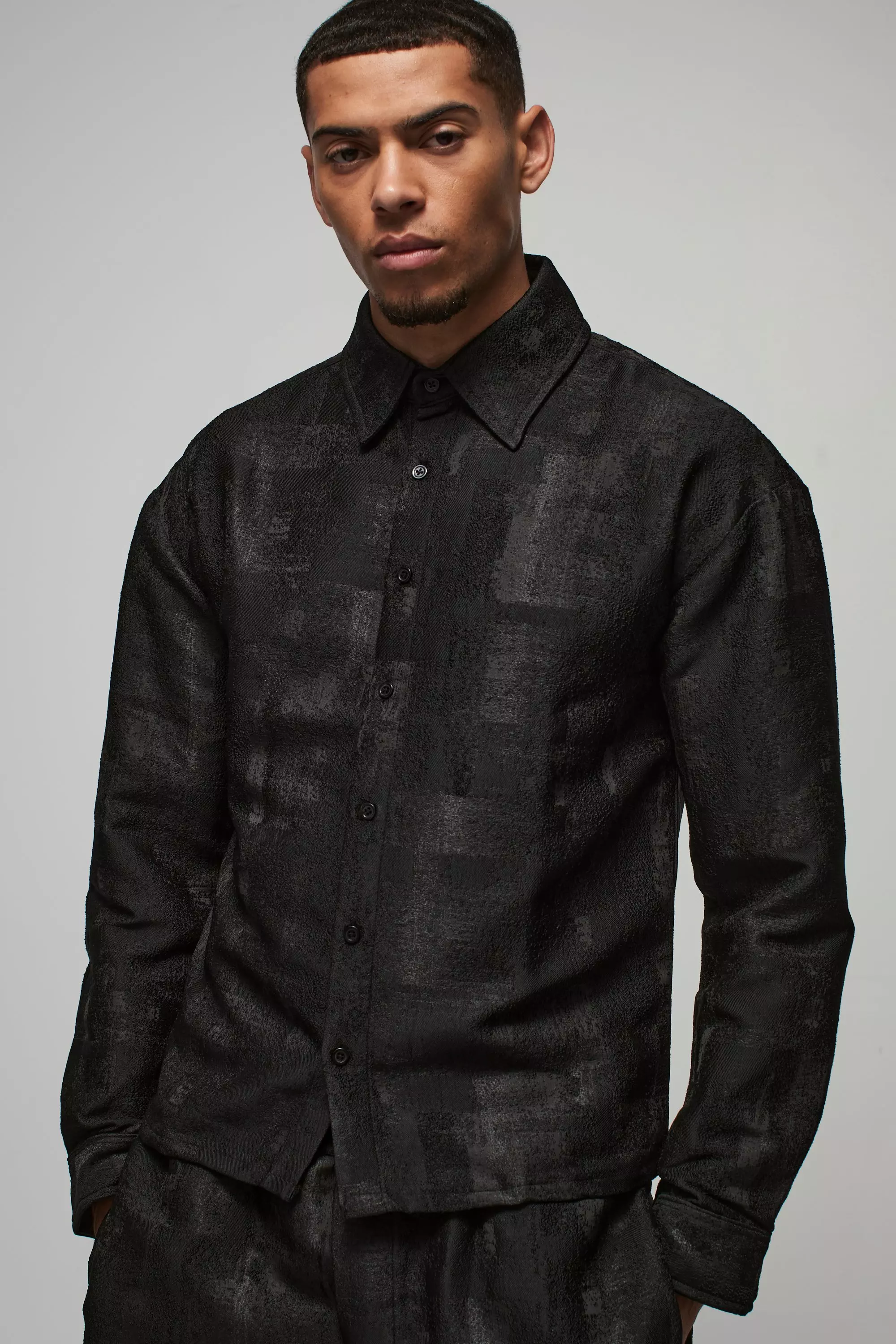 Regular Textured Jacquard Overshirt Black