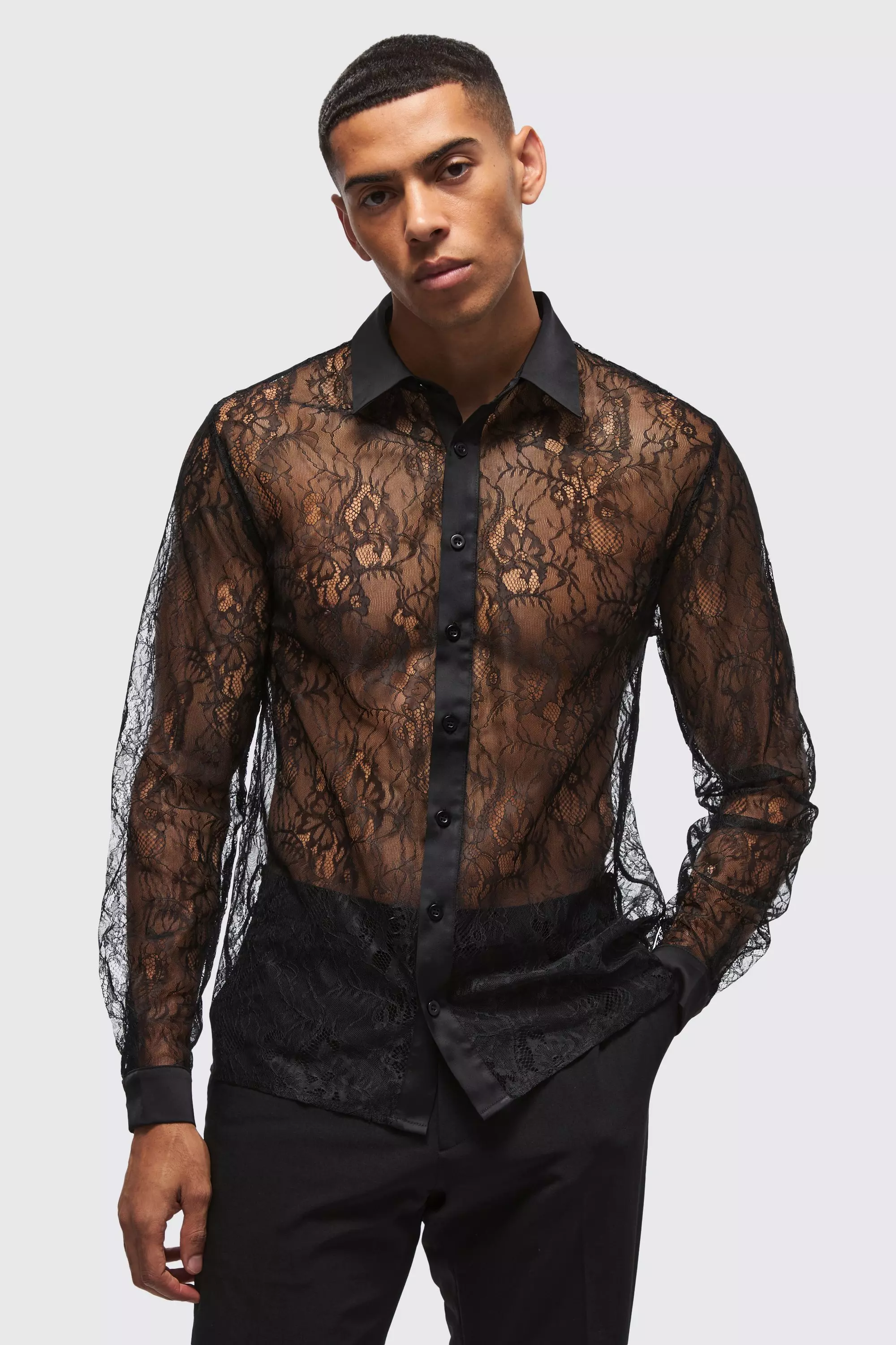 Black Regular Fit Long Sleeve Lace Shirt alternative image