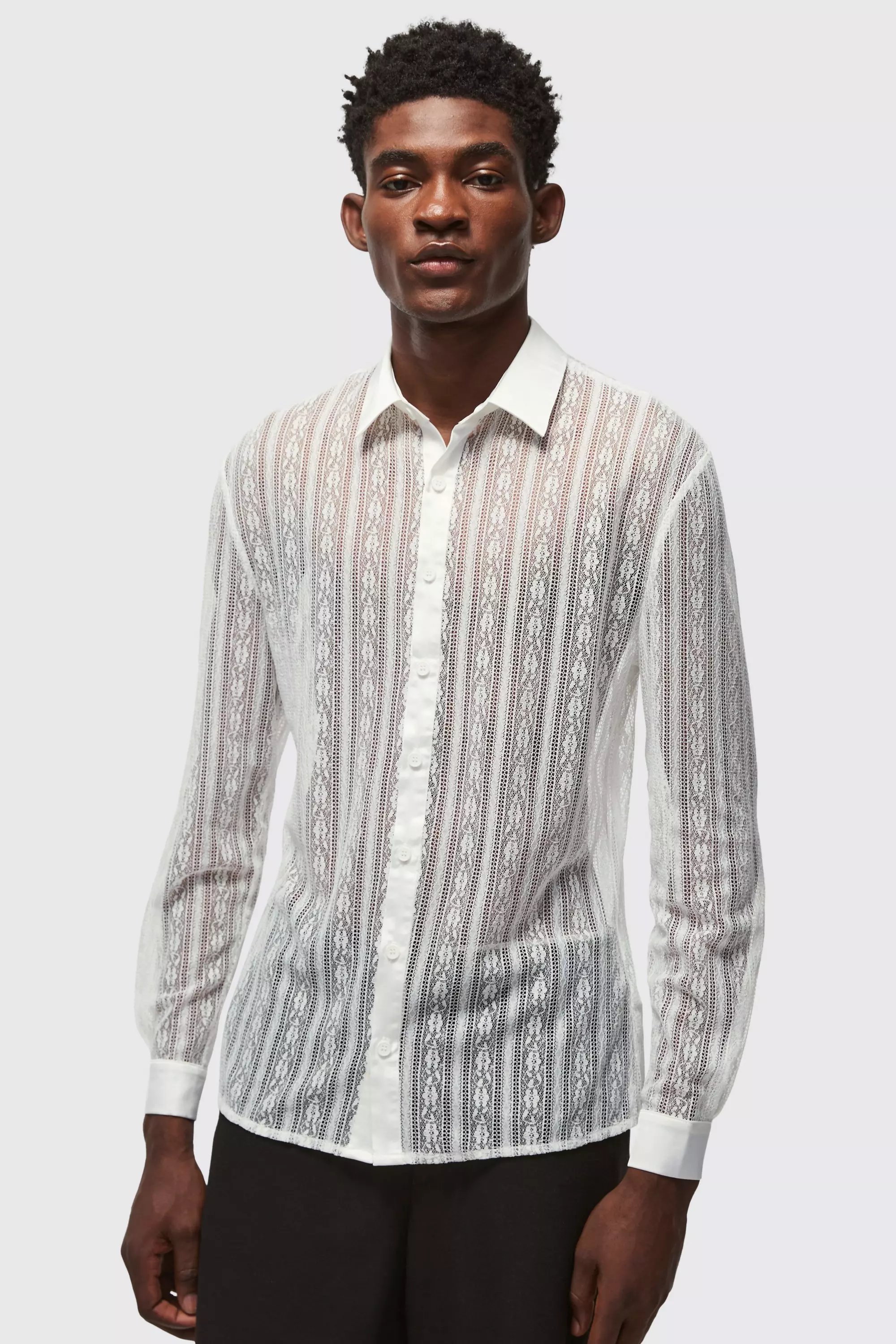 White Slim Fit Long Sleeve Lace Shirt alternative image