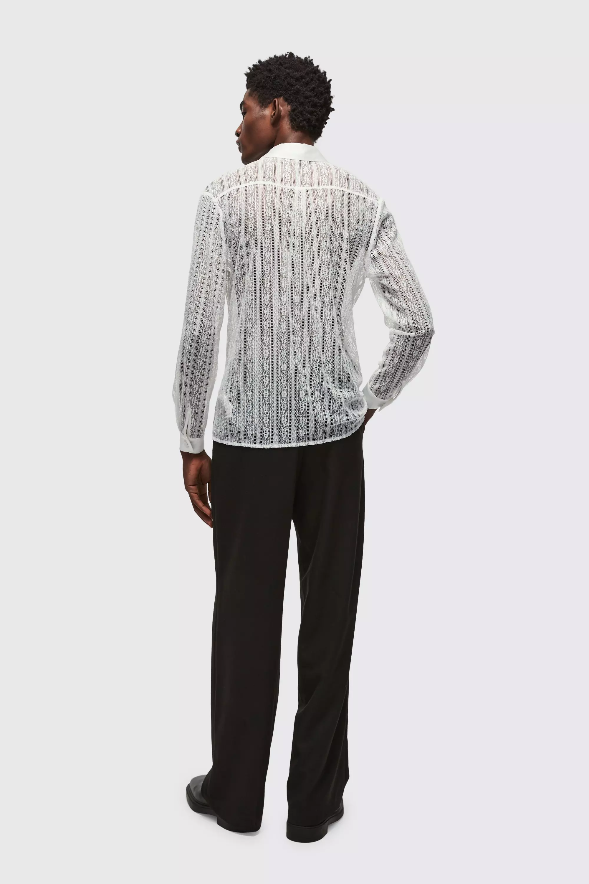 White Slim Fit Long Sleeve Lace Shirt alternative image