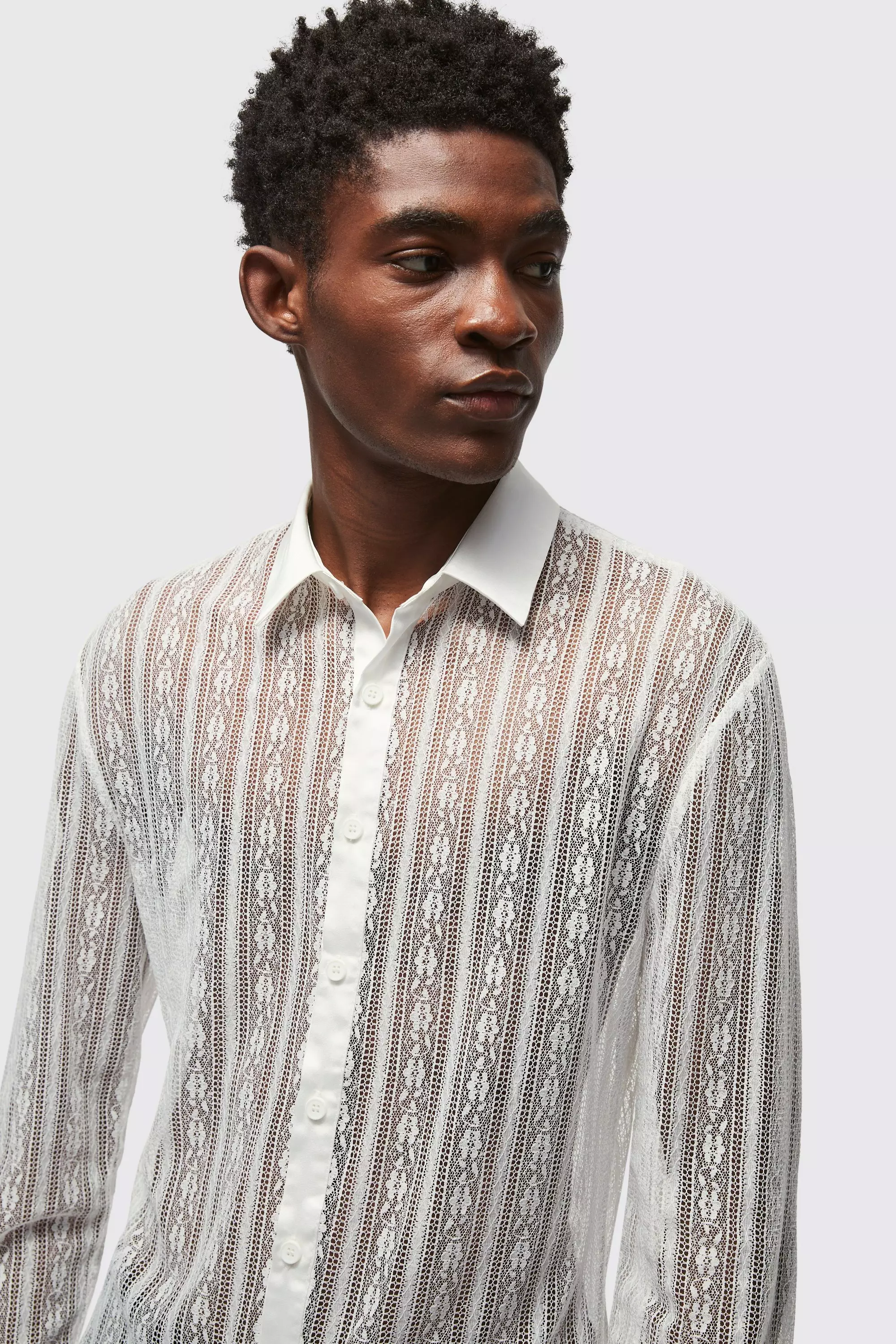 White Slim Fit Long Sleeve Lace Shirt alternative image