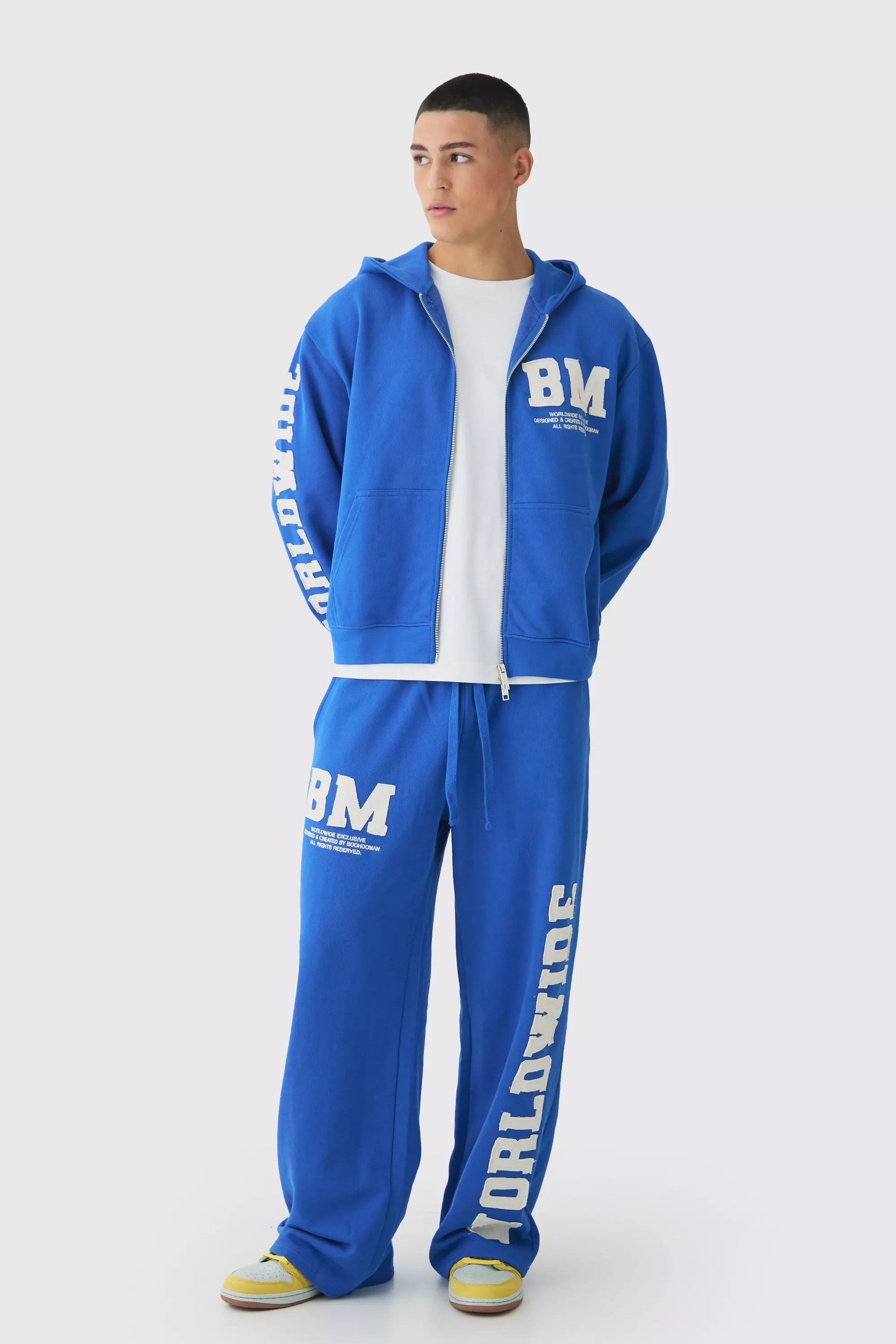 Oversized Boxy Worldwide Raw Edge Applique Zip Through Tracksuit Cobalt