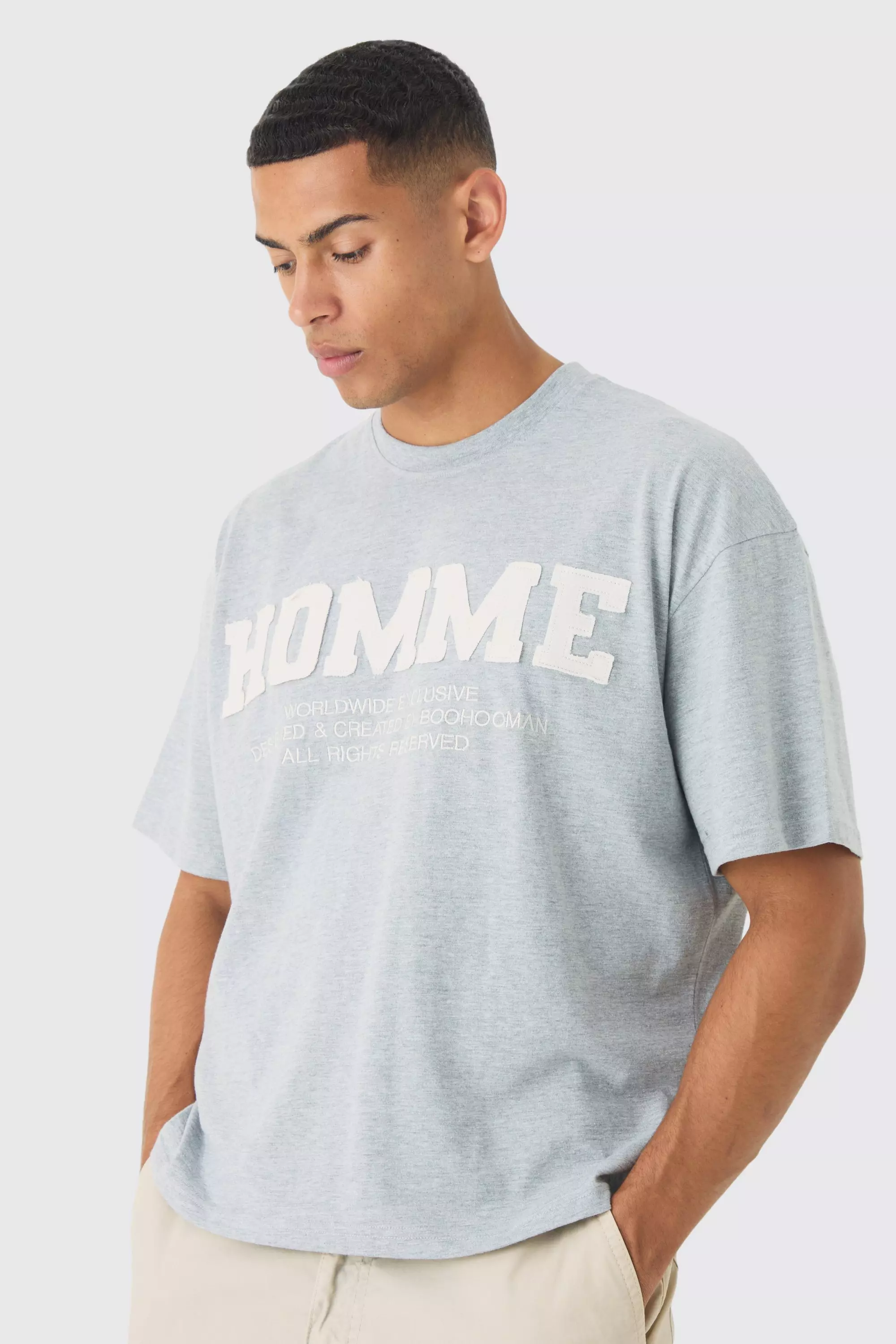 Oversized Boxy Raw Edge Applique Homme T-shirt Grey marl