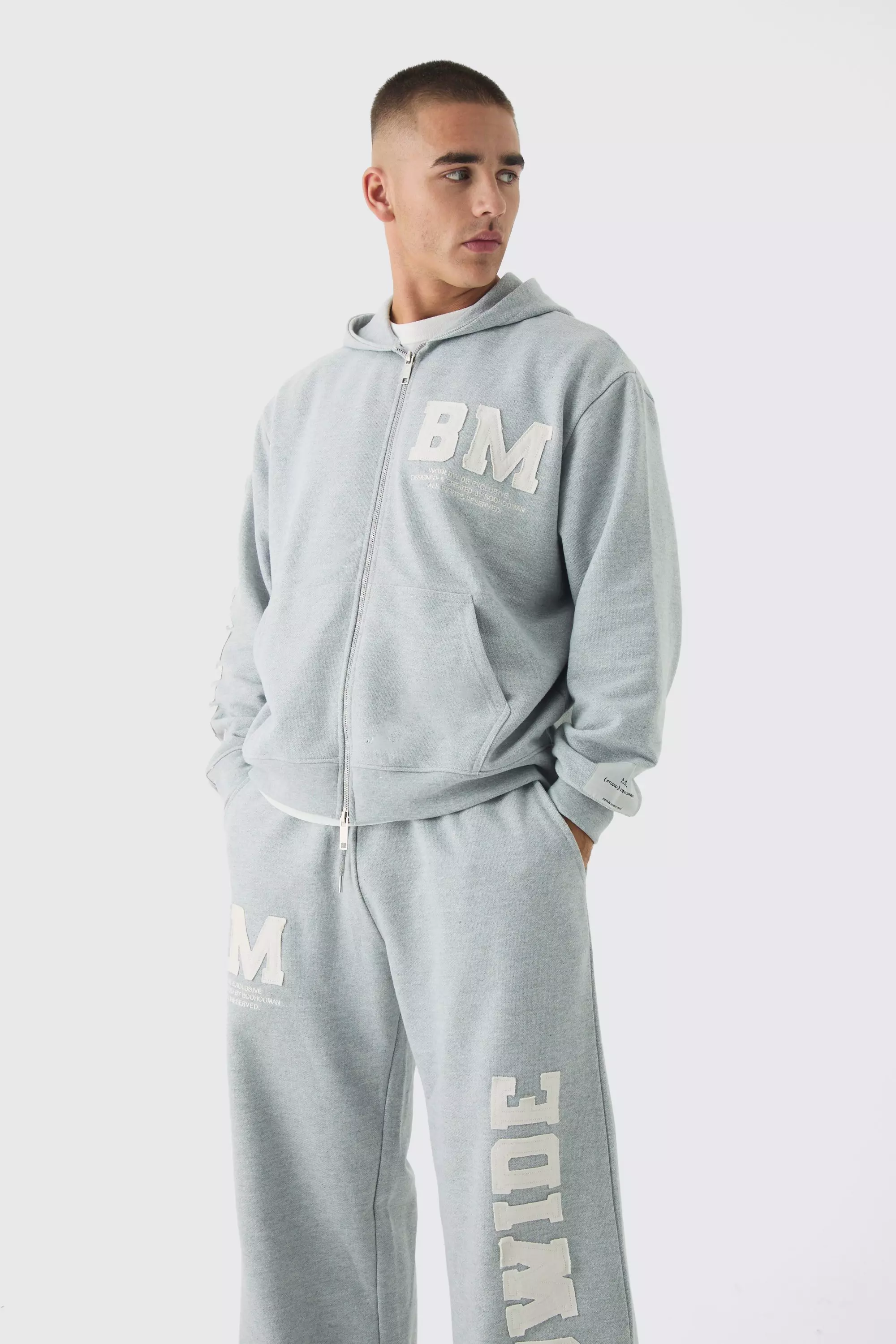 Oversized Boxy Worldwide Raw Edge Applique Zip Through Tracksuit Grey marl