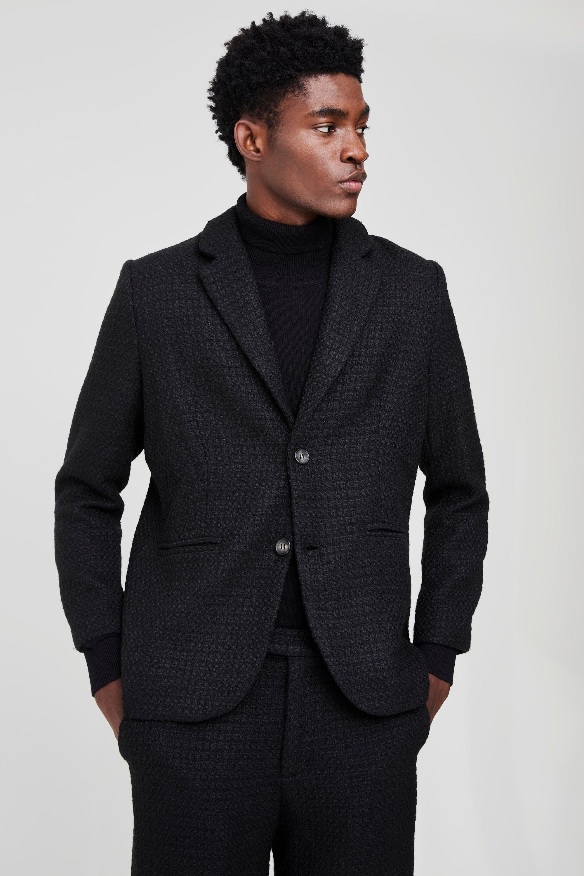 Black Bouclé Blazer Met Rechte Pijpen En Enkele Rij Knopen