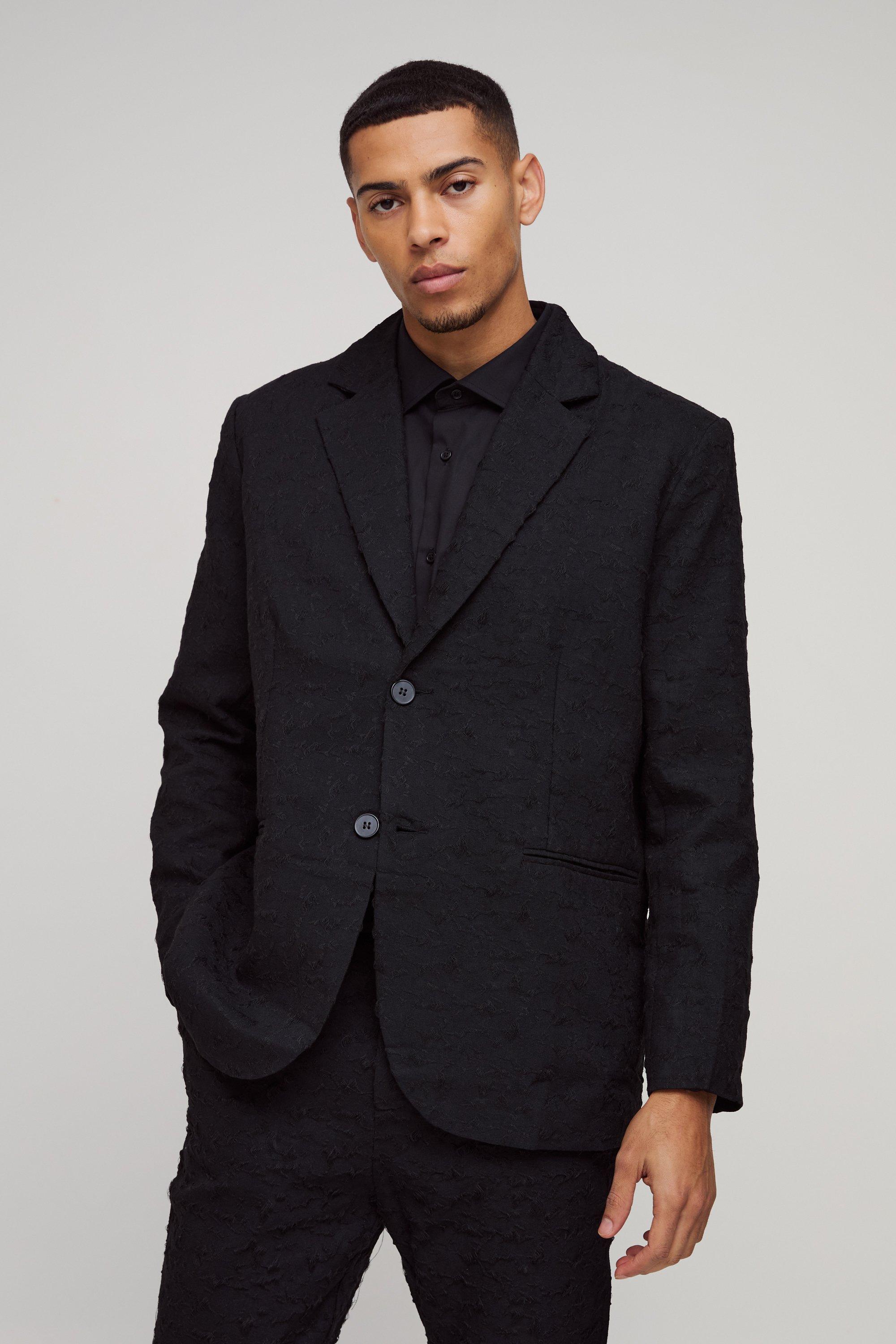 Black Straight Fit Jacquard Textured Single Breasted Suit Blazer