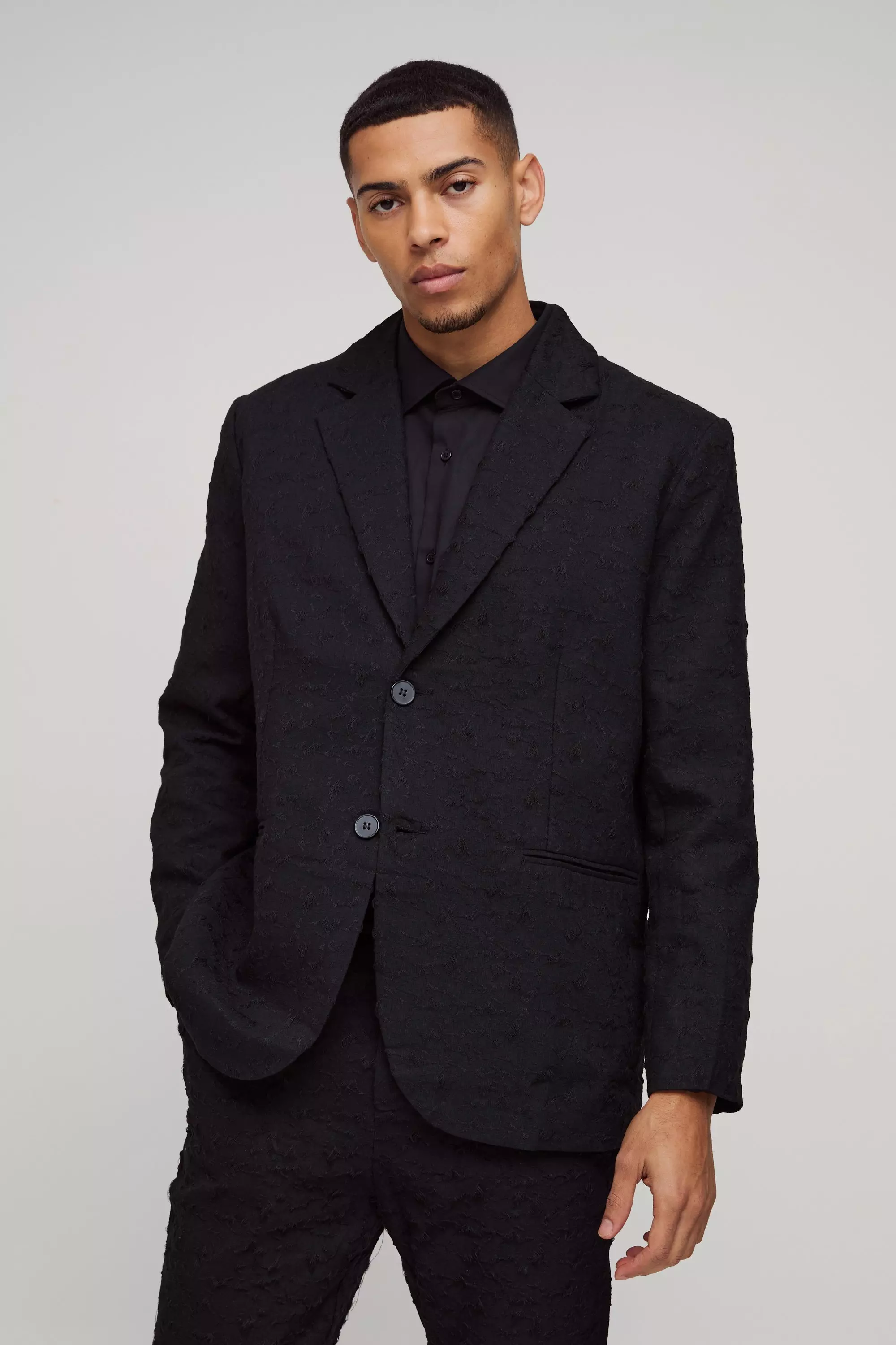 Straight Fit Jacquard Textured Single Breasted Suit Blazer Black