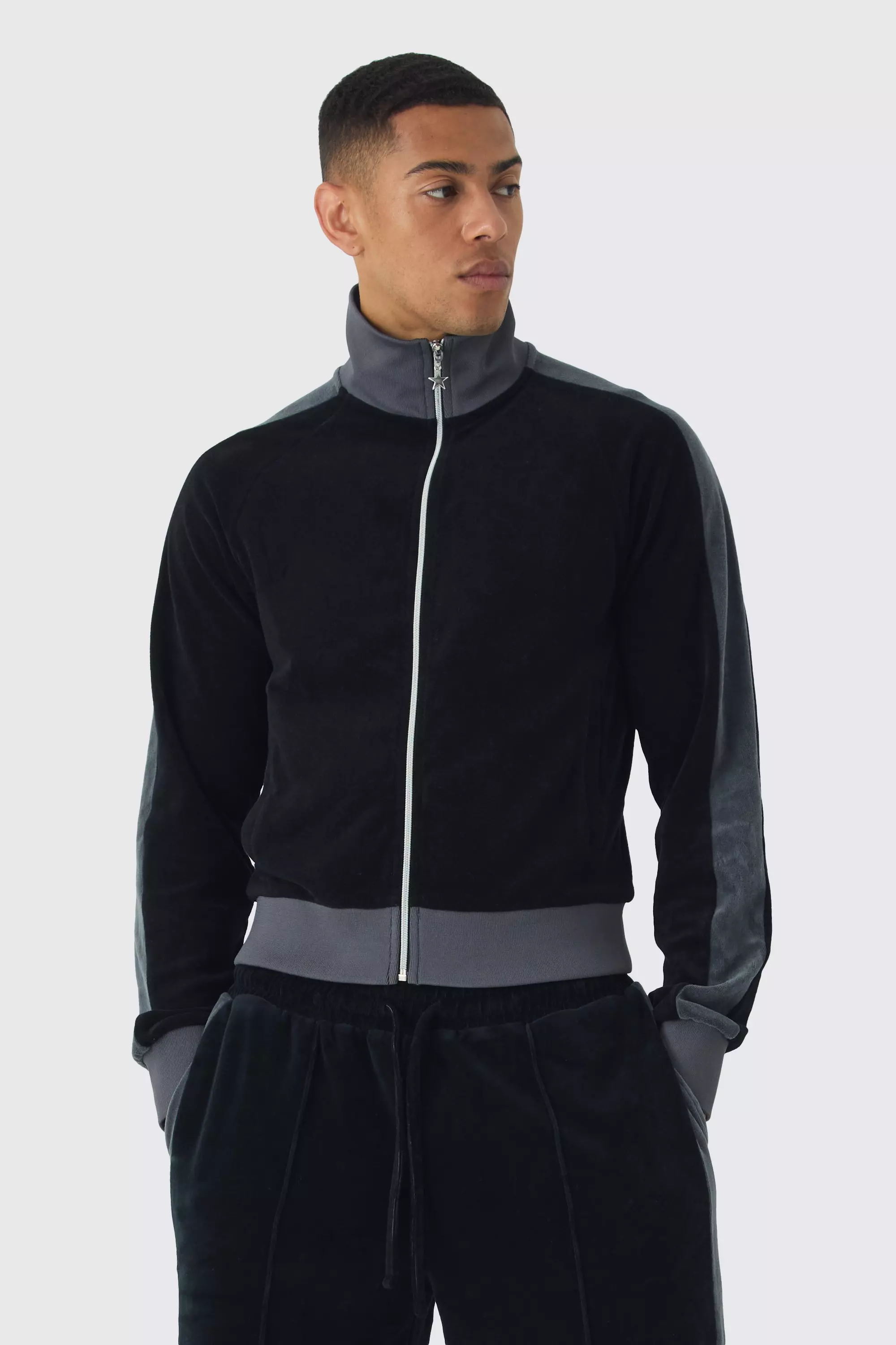 Funnel Neck Velour Track Top Black