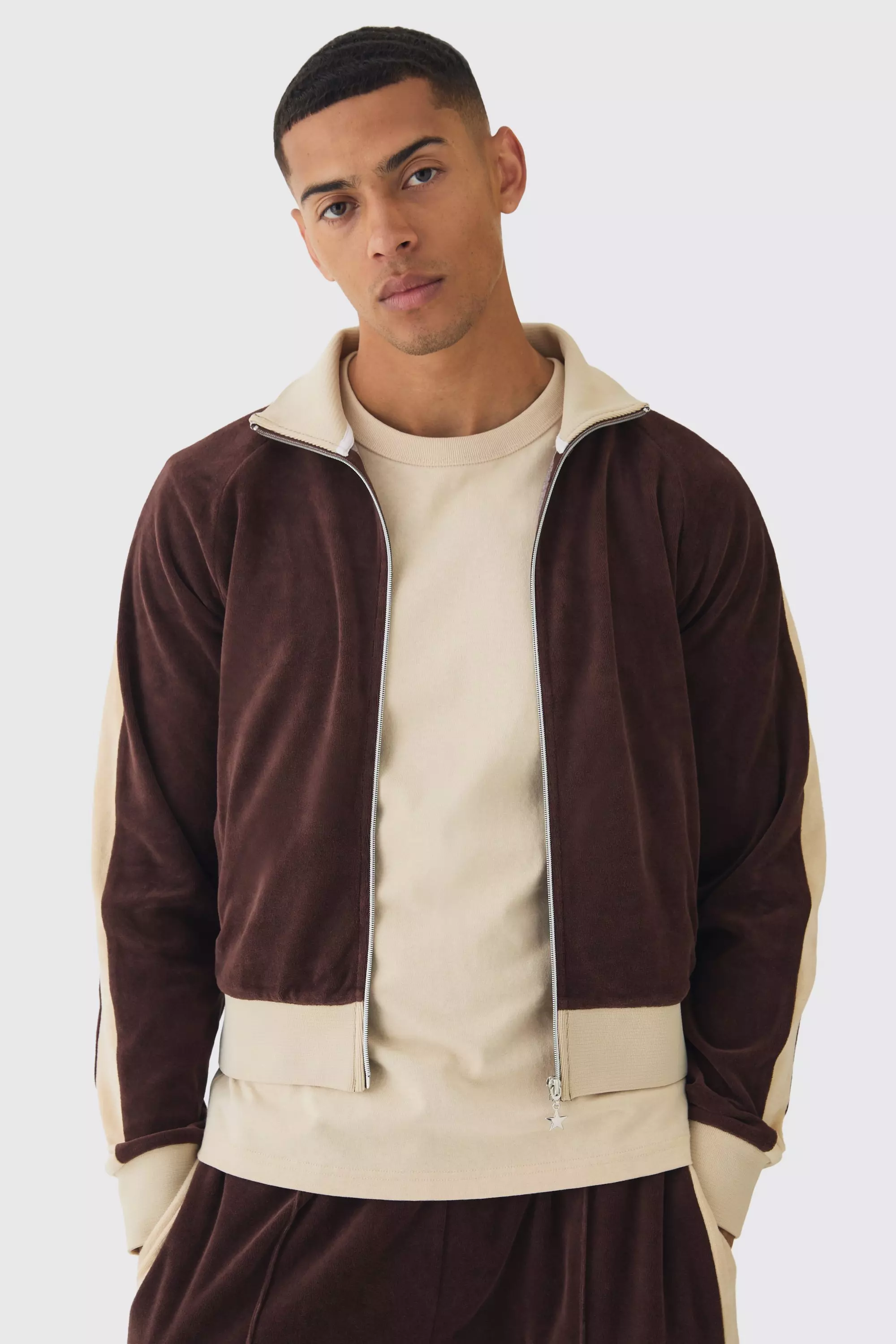 Funnel Neck Velour Track Top Chocolate