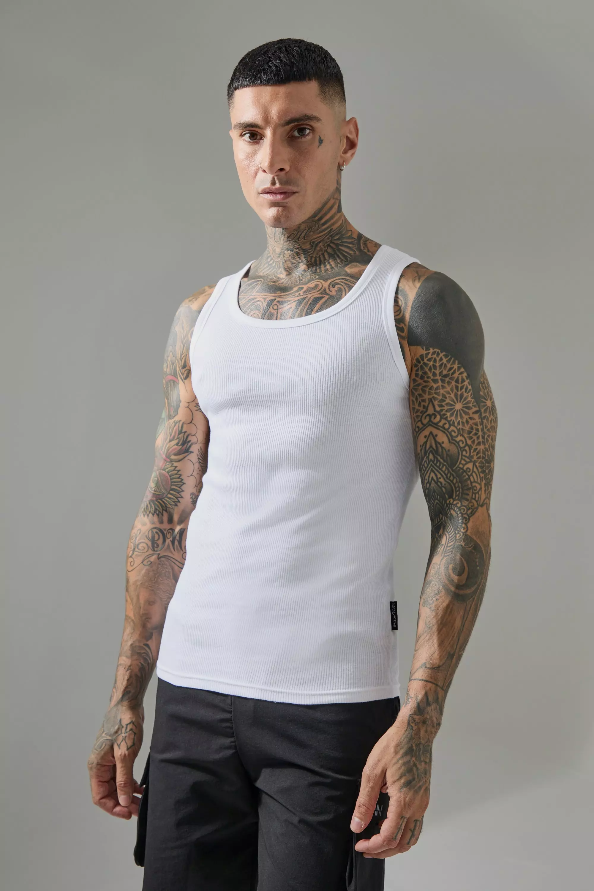 White Tall Man Active Gym Muscle Fit Ribbed Vest