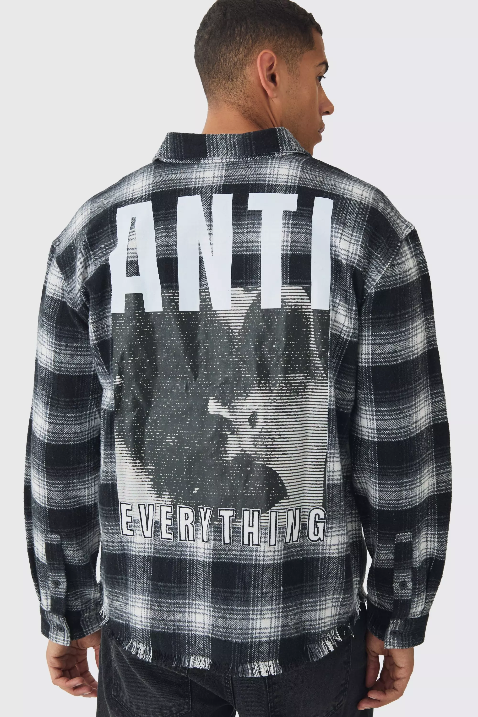 Black Oversized Flannel Check Anti Slogan Shirt alternative image