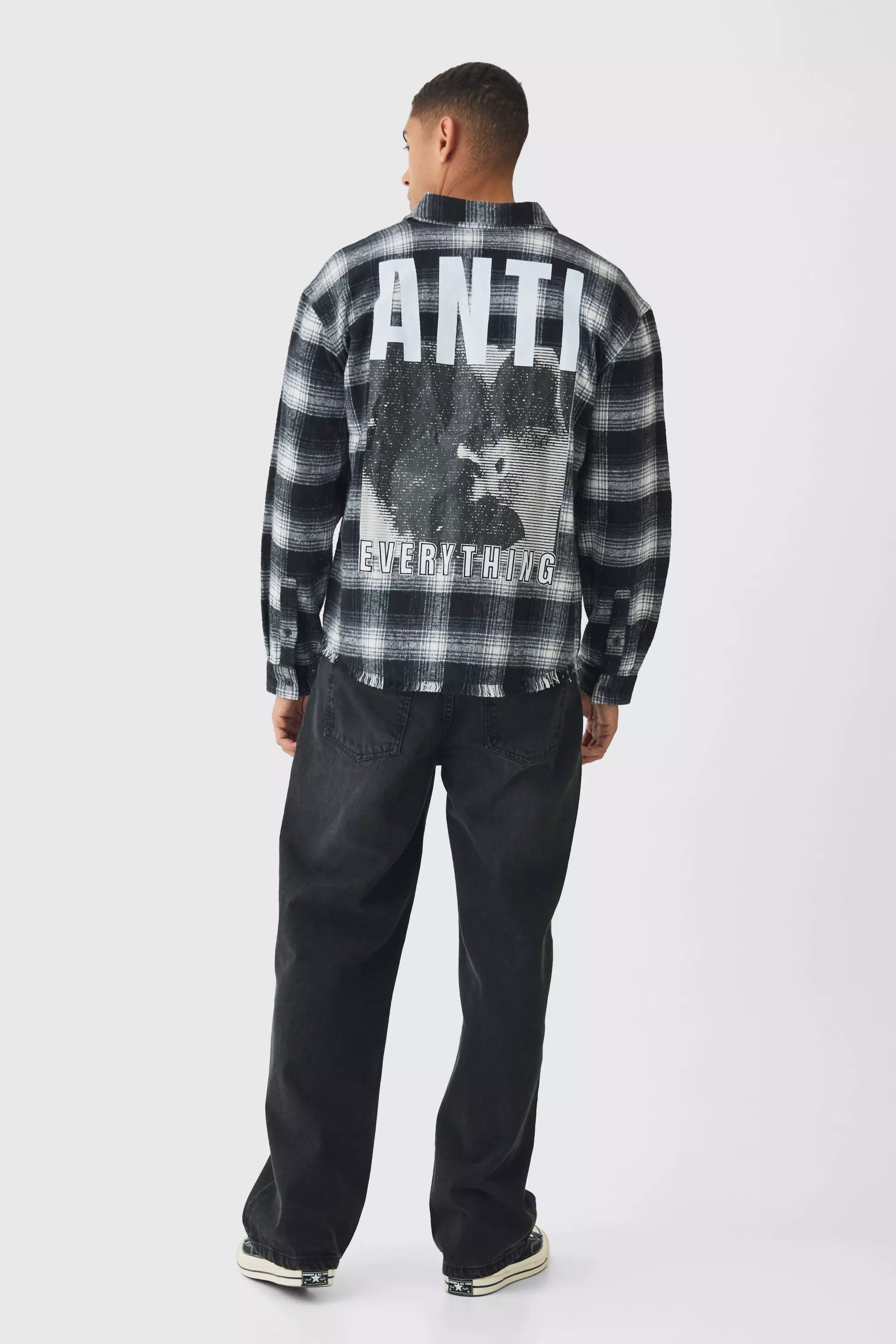 Black Oversized Flannel Check Anti Slogan Shirt alternative image
