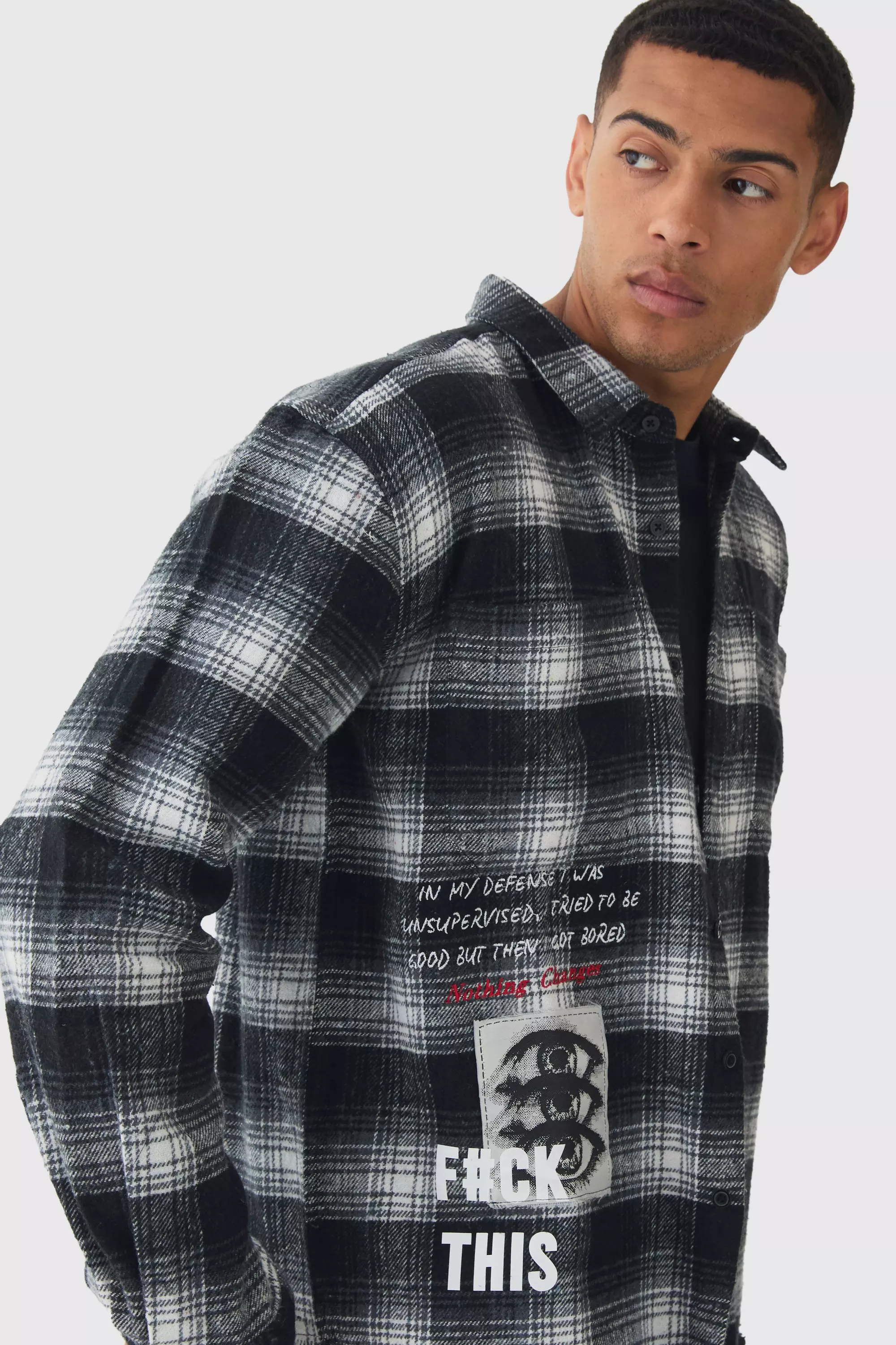 Black Oversized Flannel Check Anti Slogan Shirt alternative image