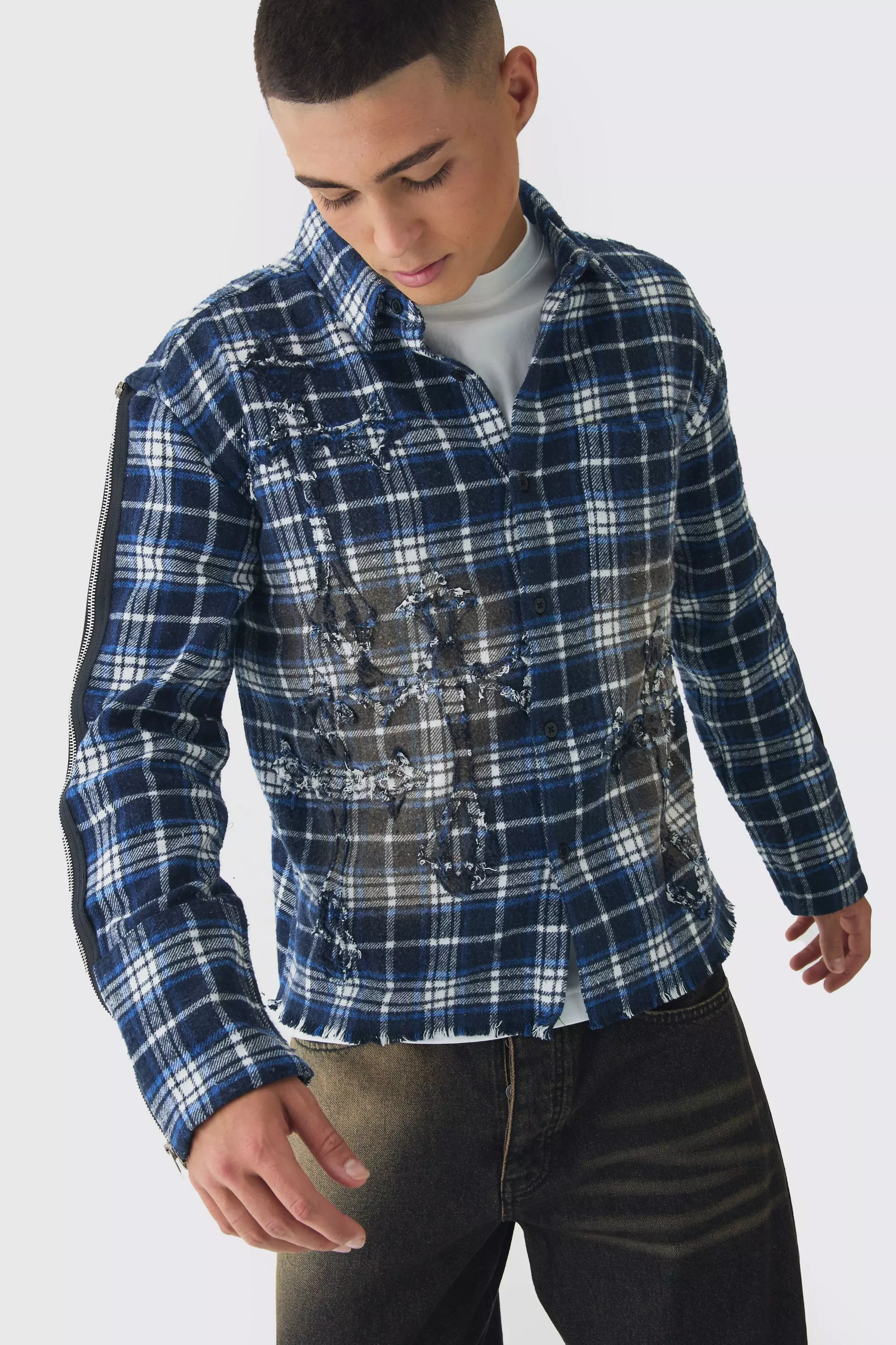 Blue Oversized Boxy Cross Applique Check Shirt alternative image