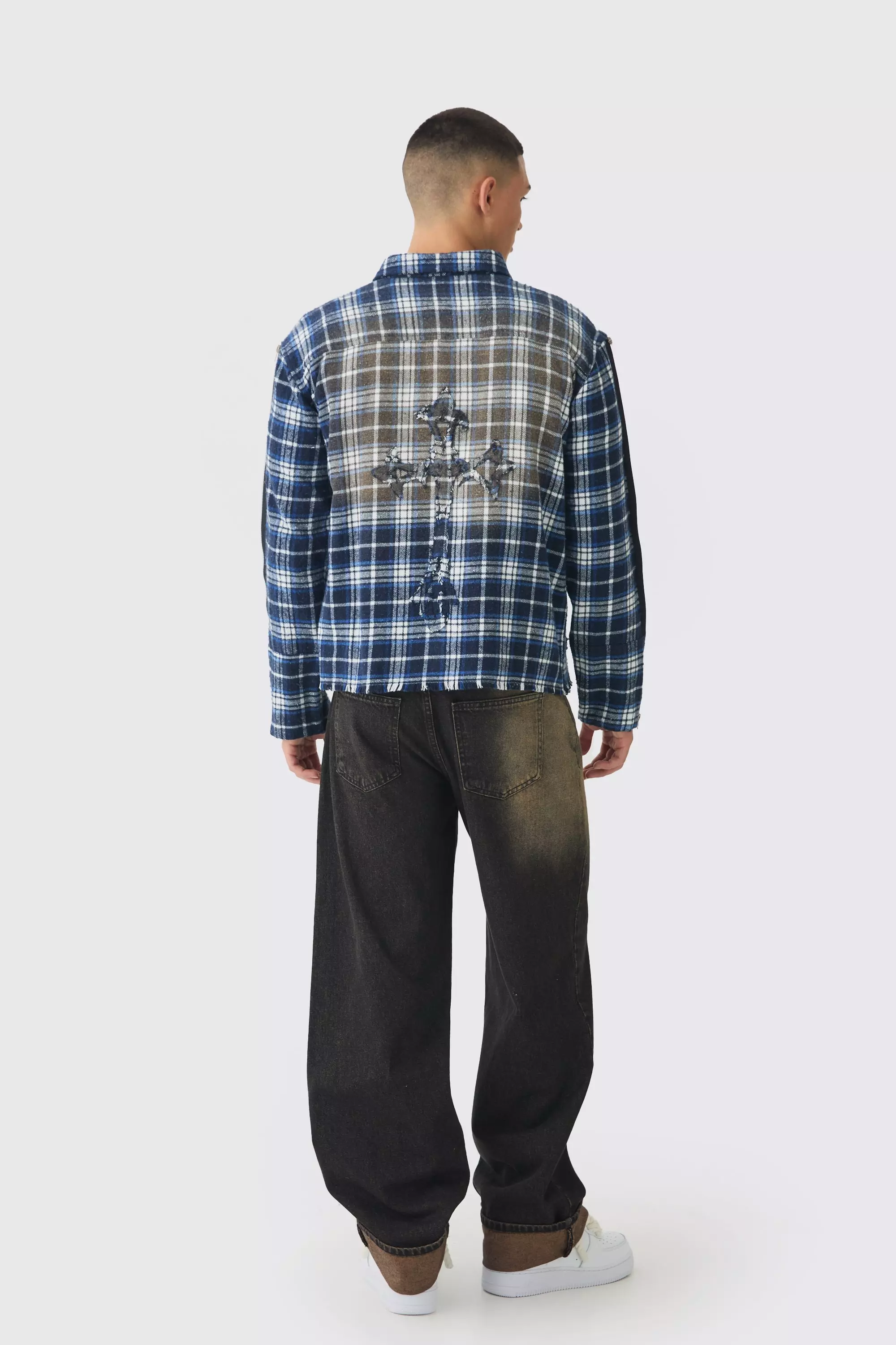 Blue Oversized Boxy Cross Applique Check Shirt alternative image