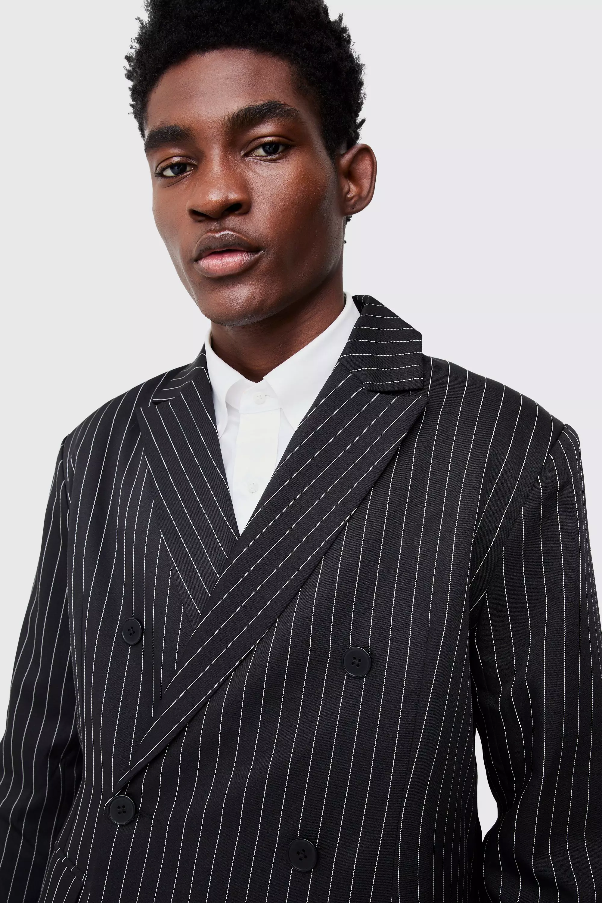 BoohooMAN Men s Oversized Boxy Pinstripe Blazer Blue Casual Jackets