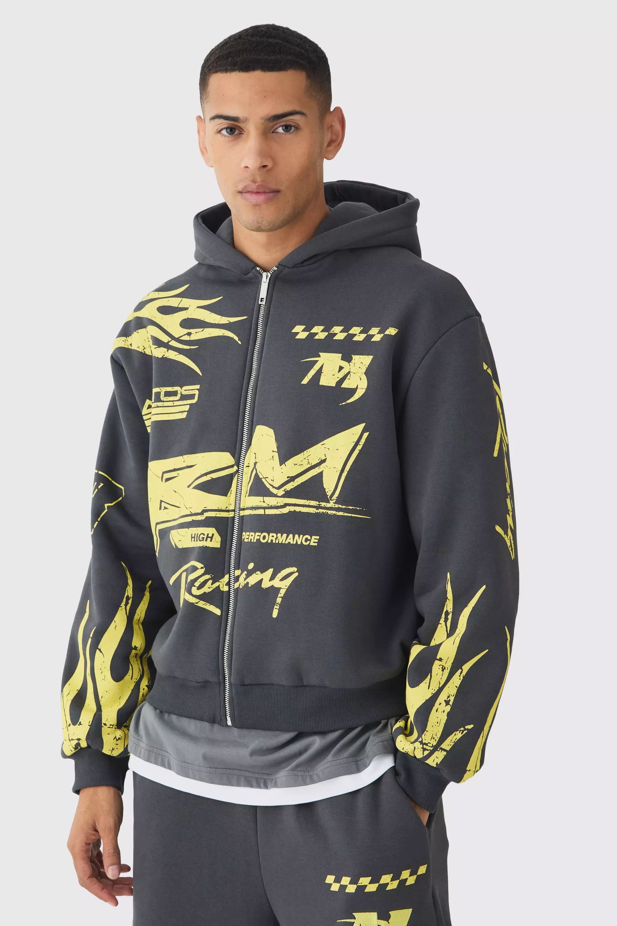 Oversized Boxy Moto Racing Flame Zip Through Hoodie Charcoal