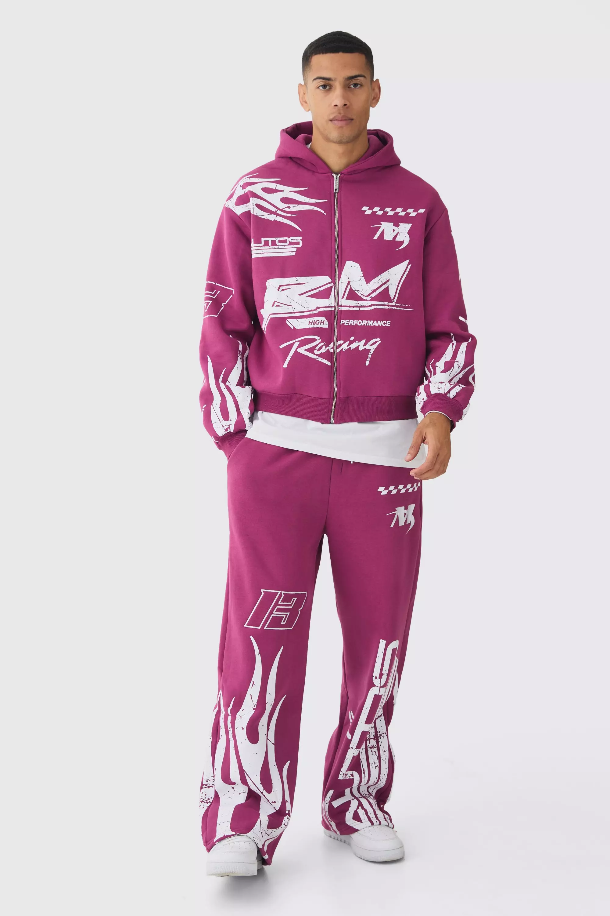 Burgundy Red Oversized Boxy Moto Racing Flame Hoodie and Wide Leg Sweatpants Tracksuit