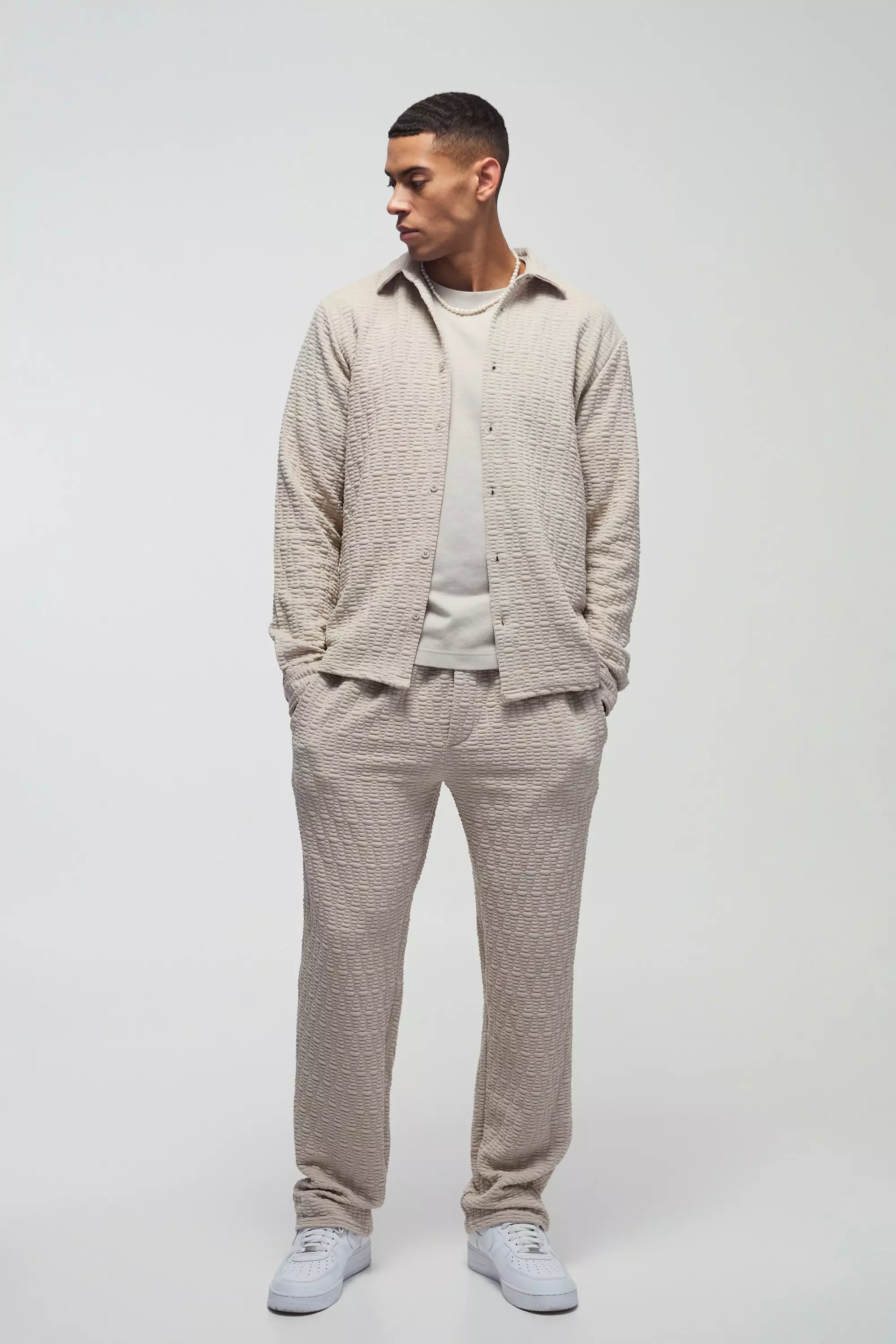Long Sleeve Textured Stretch Shirt And Pants Set | boohooMAN USA