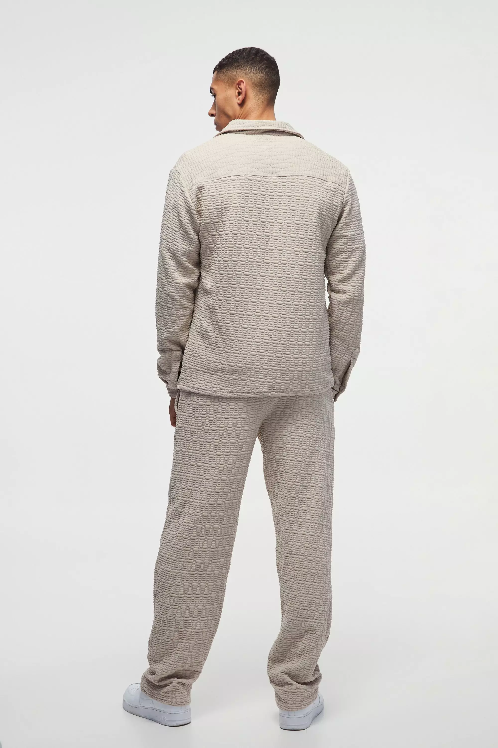 Long Sleeve Textured Stretch Shirt And Pants Set | boohooMAN USA