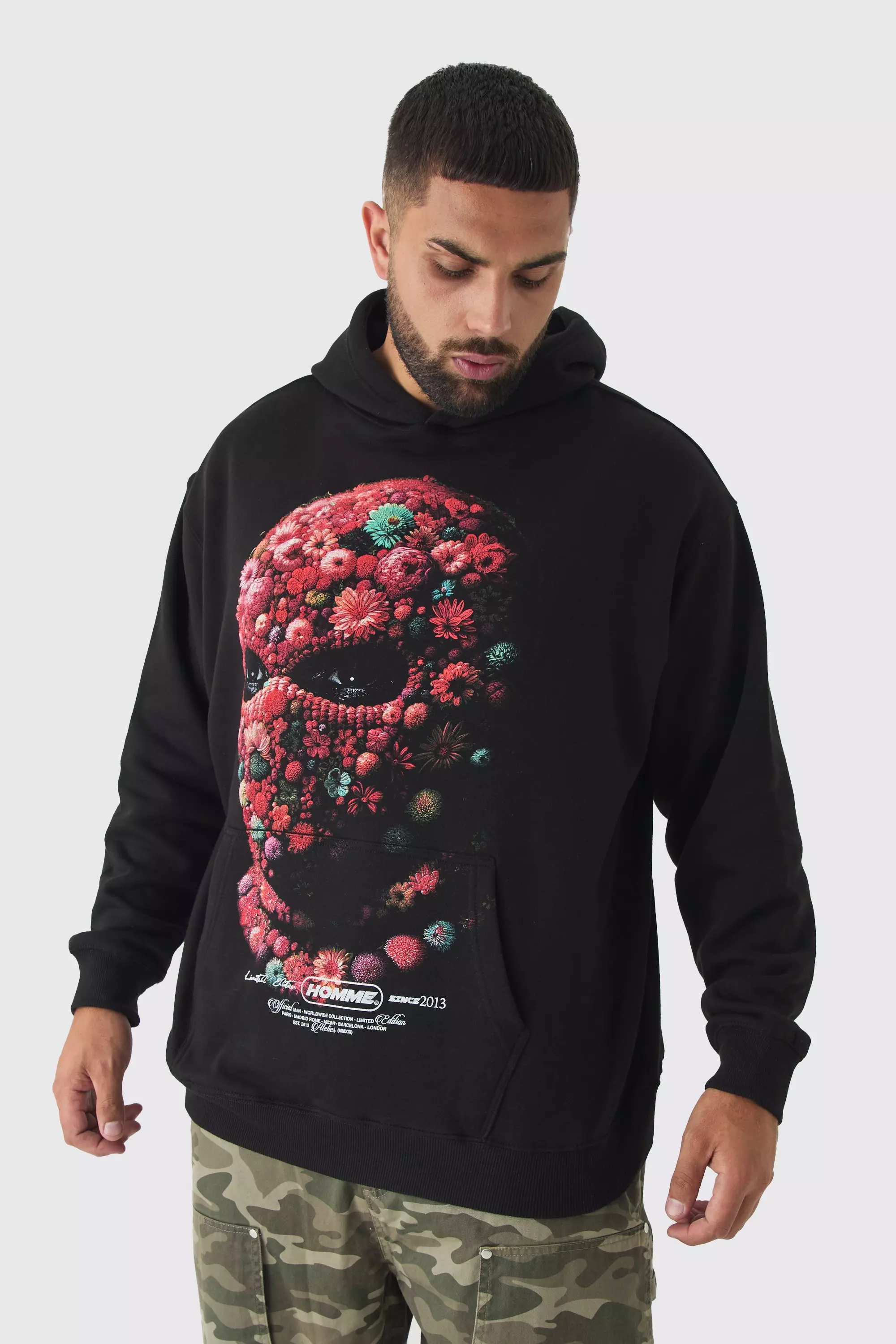 Black Plus Oversized Floral Balaclava Print Hoodie