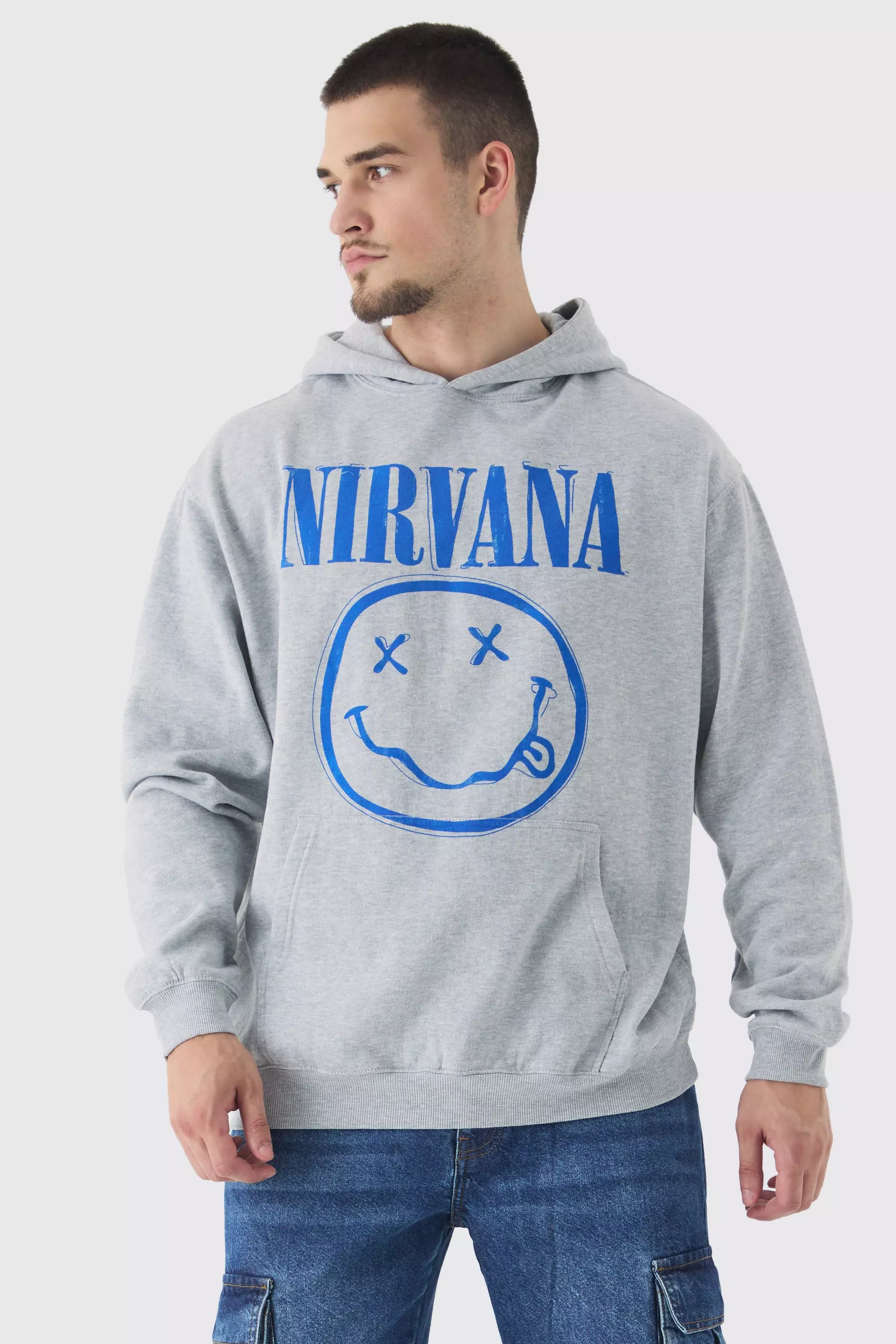 Tall Oversized Nirvana Face License Print Hoodie Grey