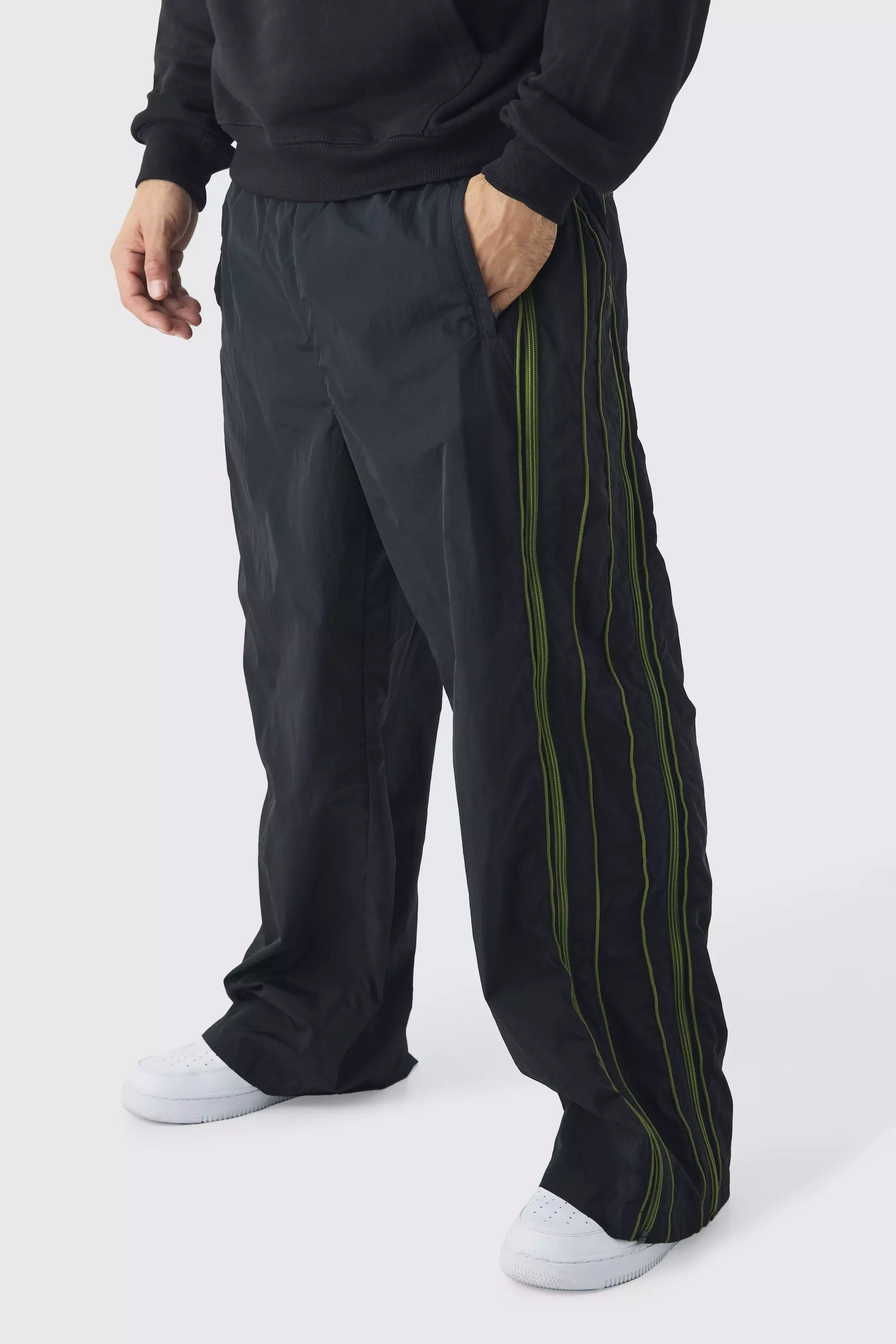 Black Elasticated Waist Parachute Front Piping Pants alternative image