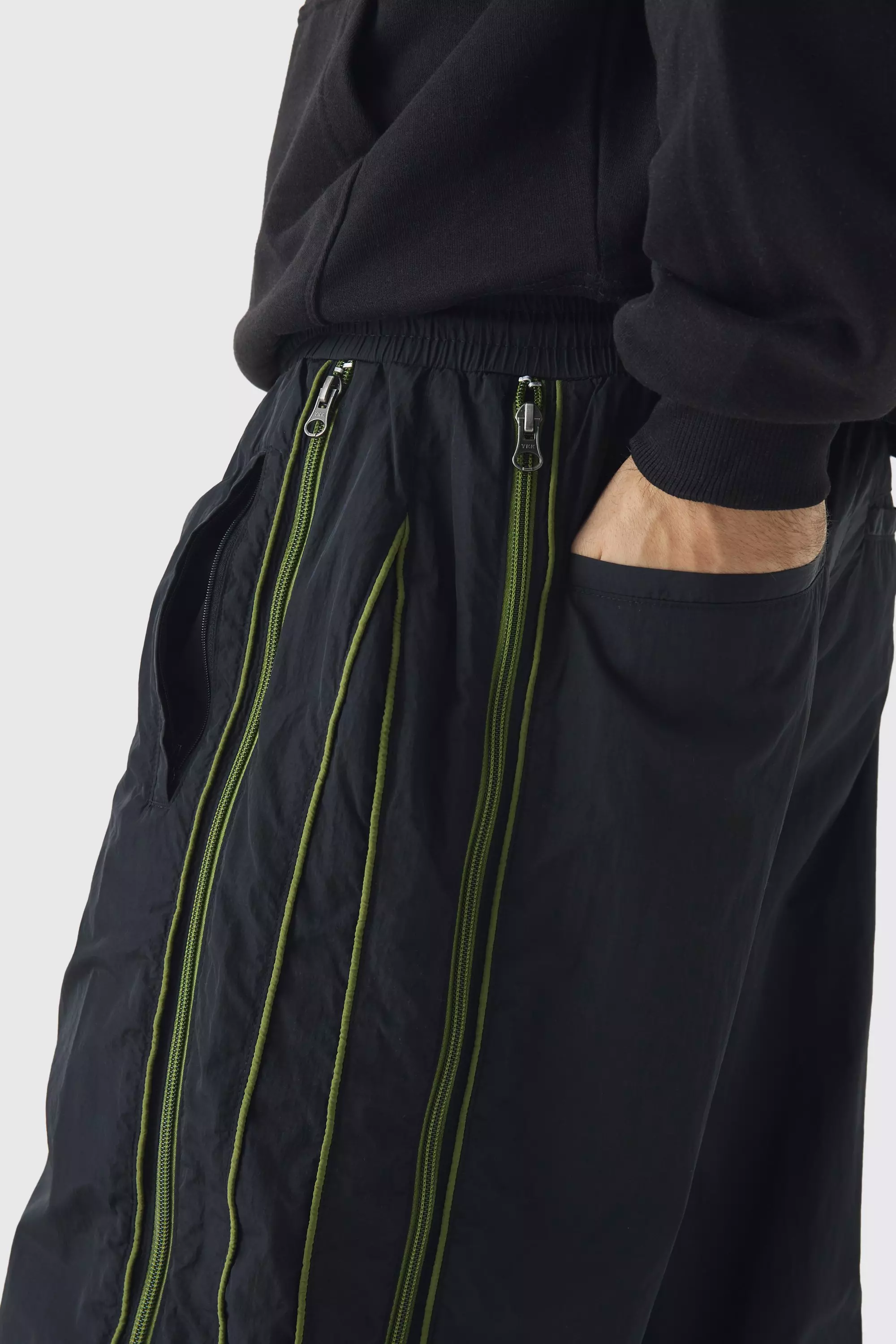Black Elasticated Waist Parachute Front Piping Pants alternative image