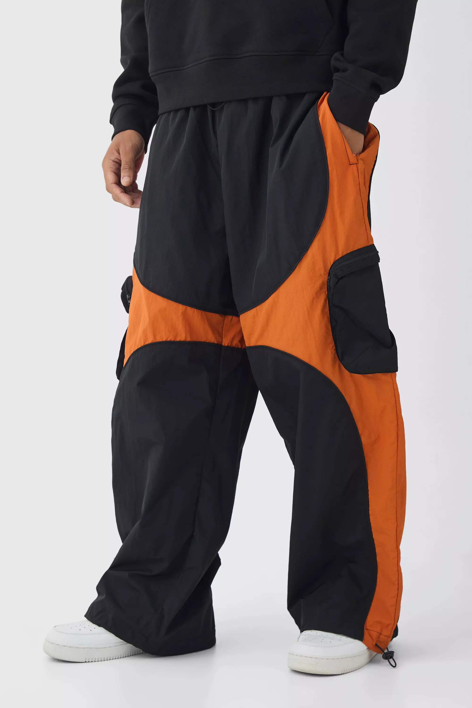 Elasticated Waist Parachute Contrast Panelled Cargo Pants Black