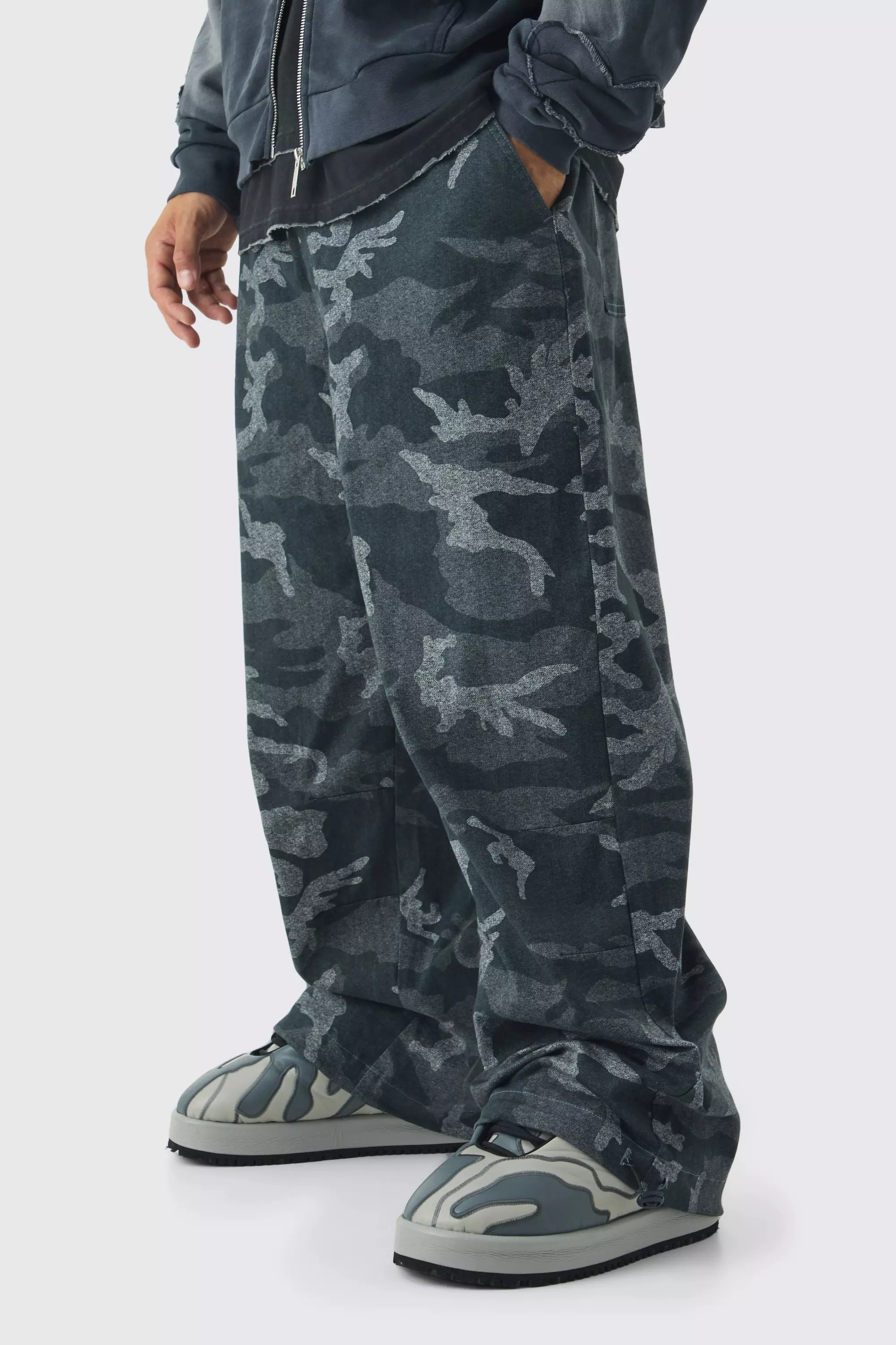 Elasticated Waist Wide Leg Camo Pants Black