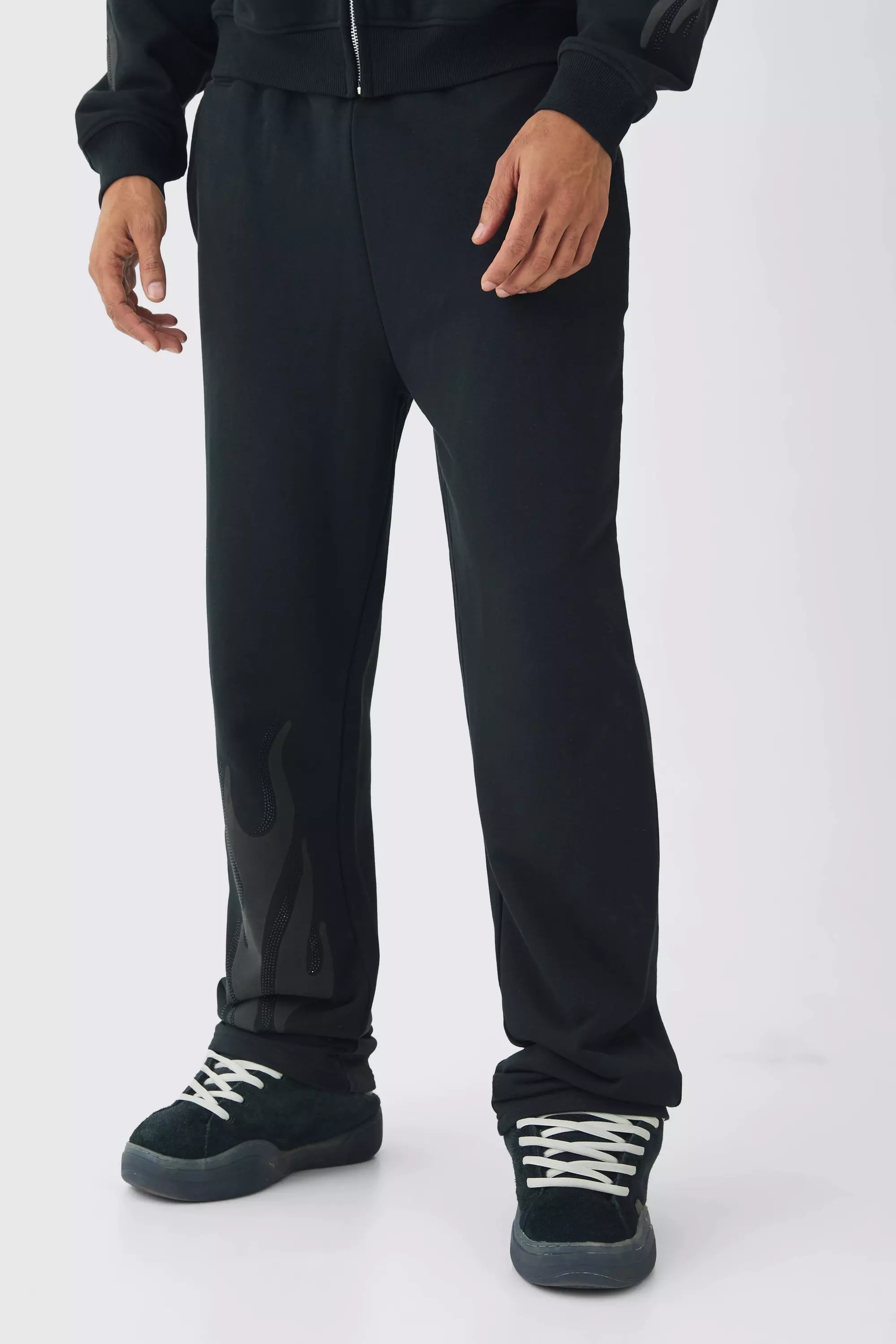 BoohooMAN Mens Relaxed Flame Rhinestone Loopback Jogger Black