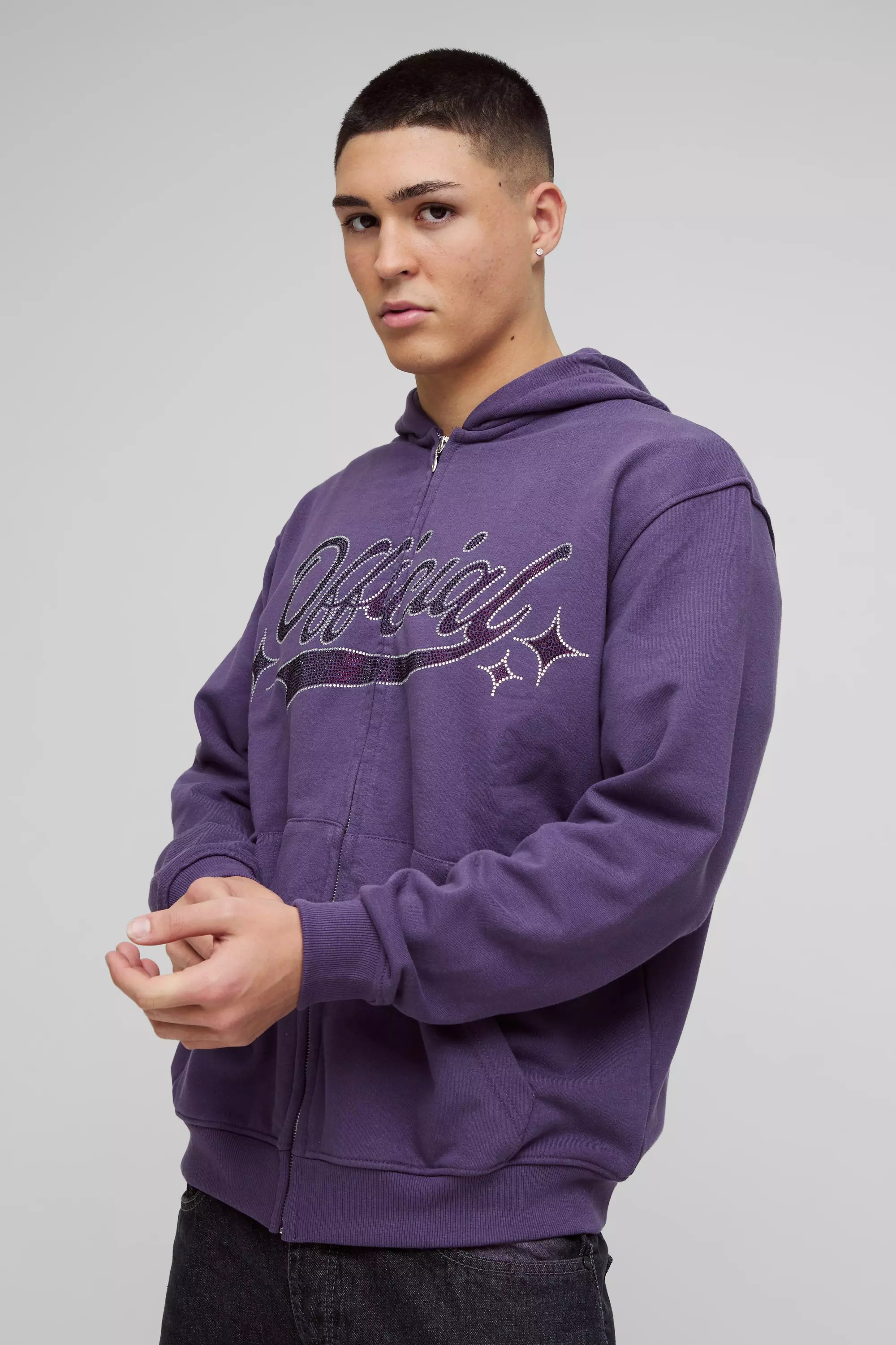 Oversized Official Rhinestone Loopback Zip Through Hoodie boohooMAN