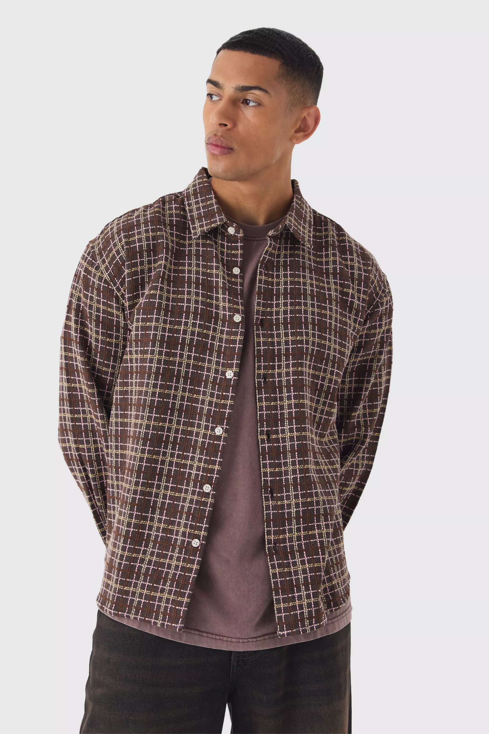 Beige Oversized Long Sleeve Textured Flannel Shirt