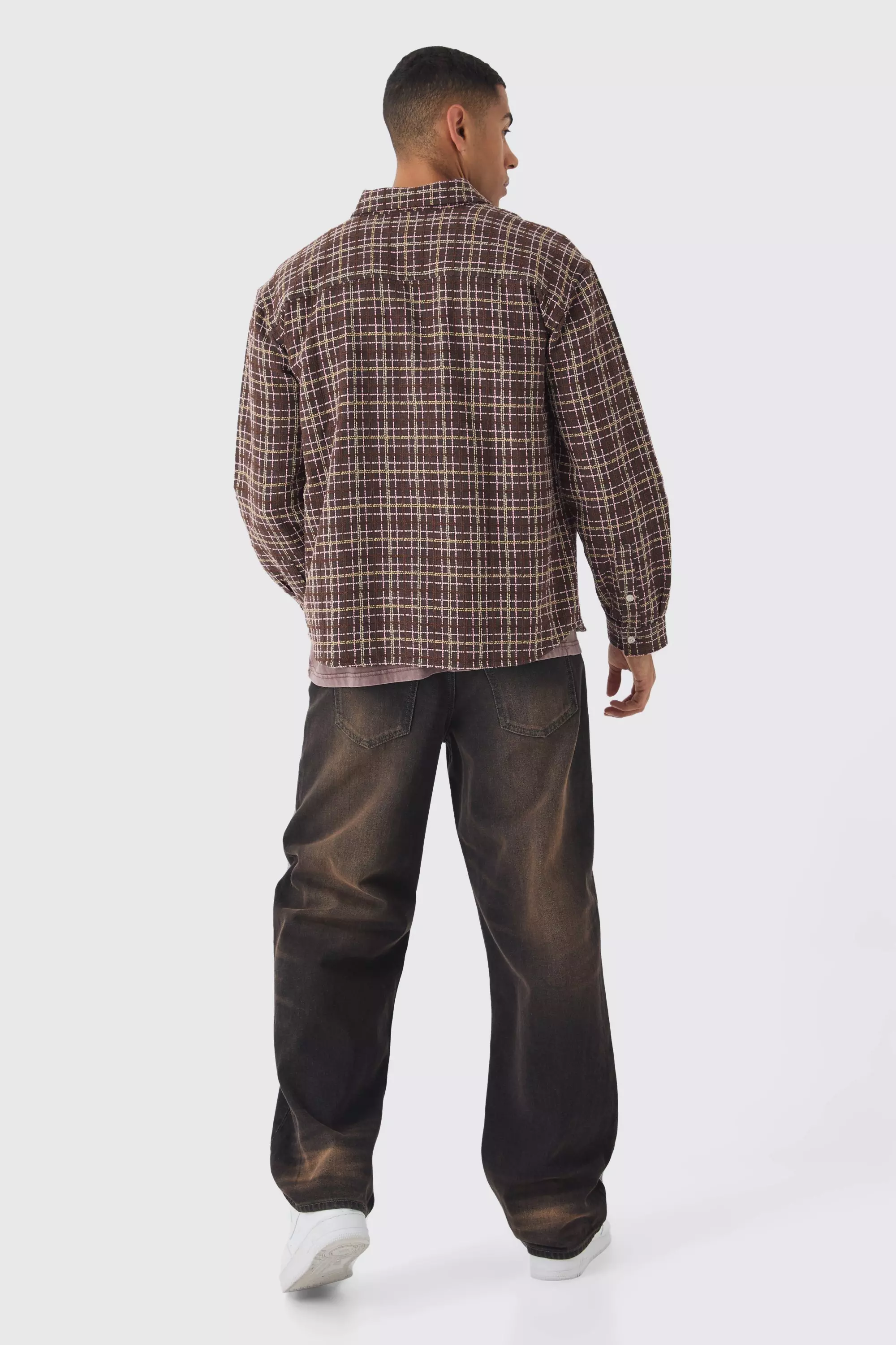 Beige Oversized Long Sleeve Textured Flannel Shirt alternative image