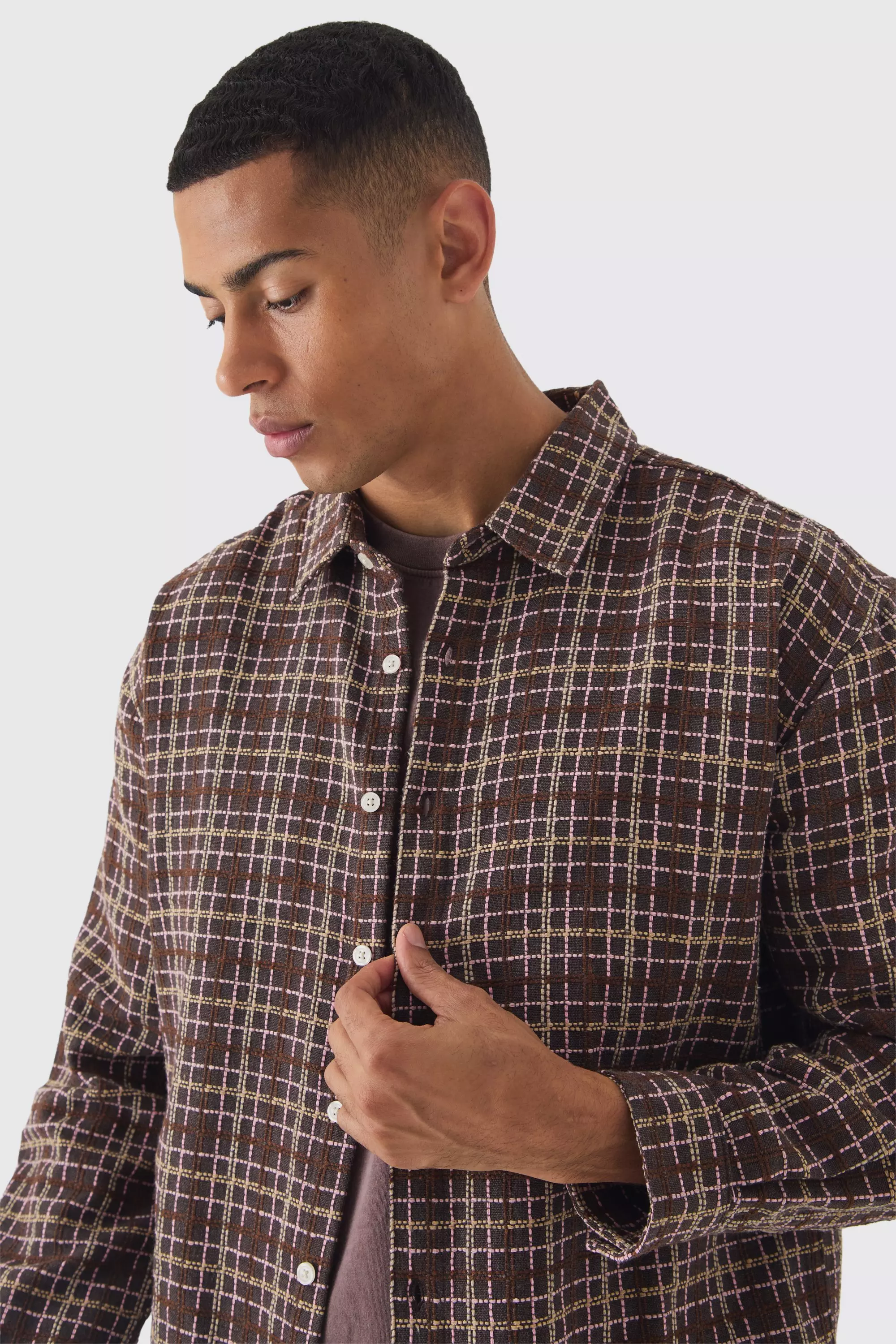 Beige Oversized Long Sleeve Textured Flannel Shirt alternative image
