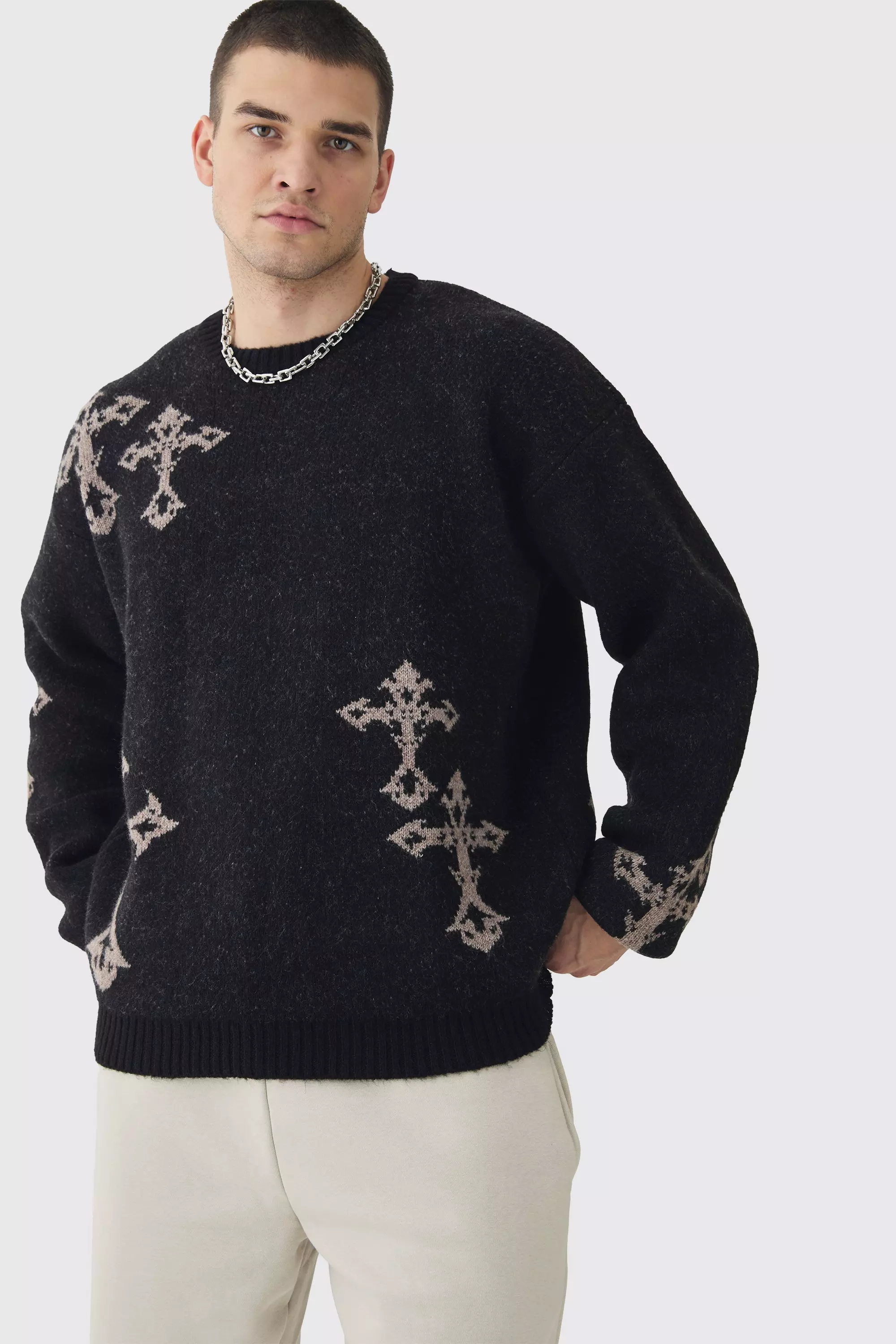 Tall Gothic Cross Oversized Fluffy Knitted Sweat Black