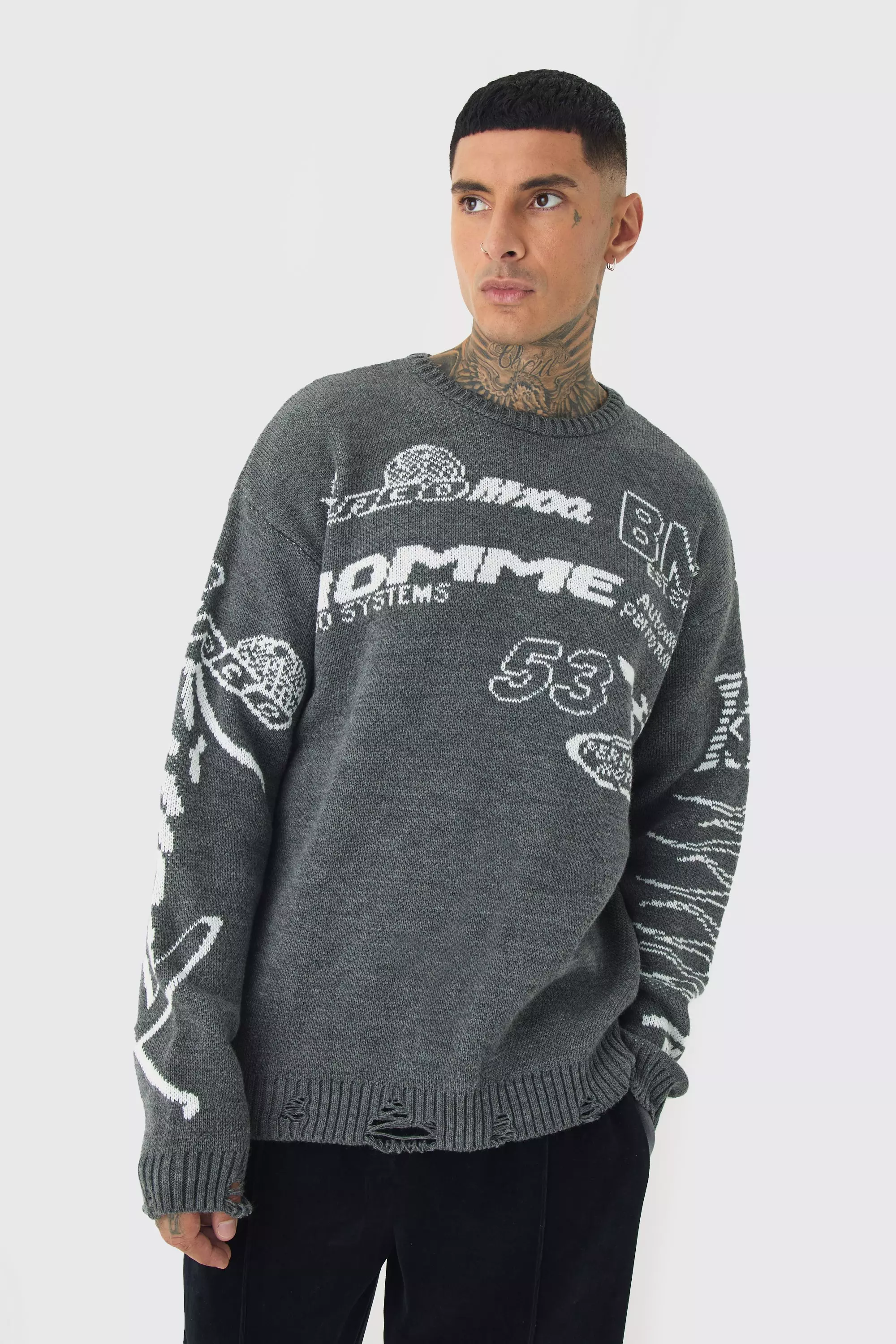 Tall Distressed Moto Crew Neck Jumper Charcoal