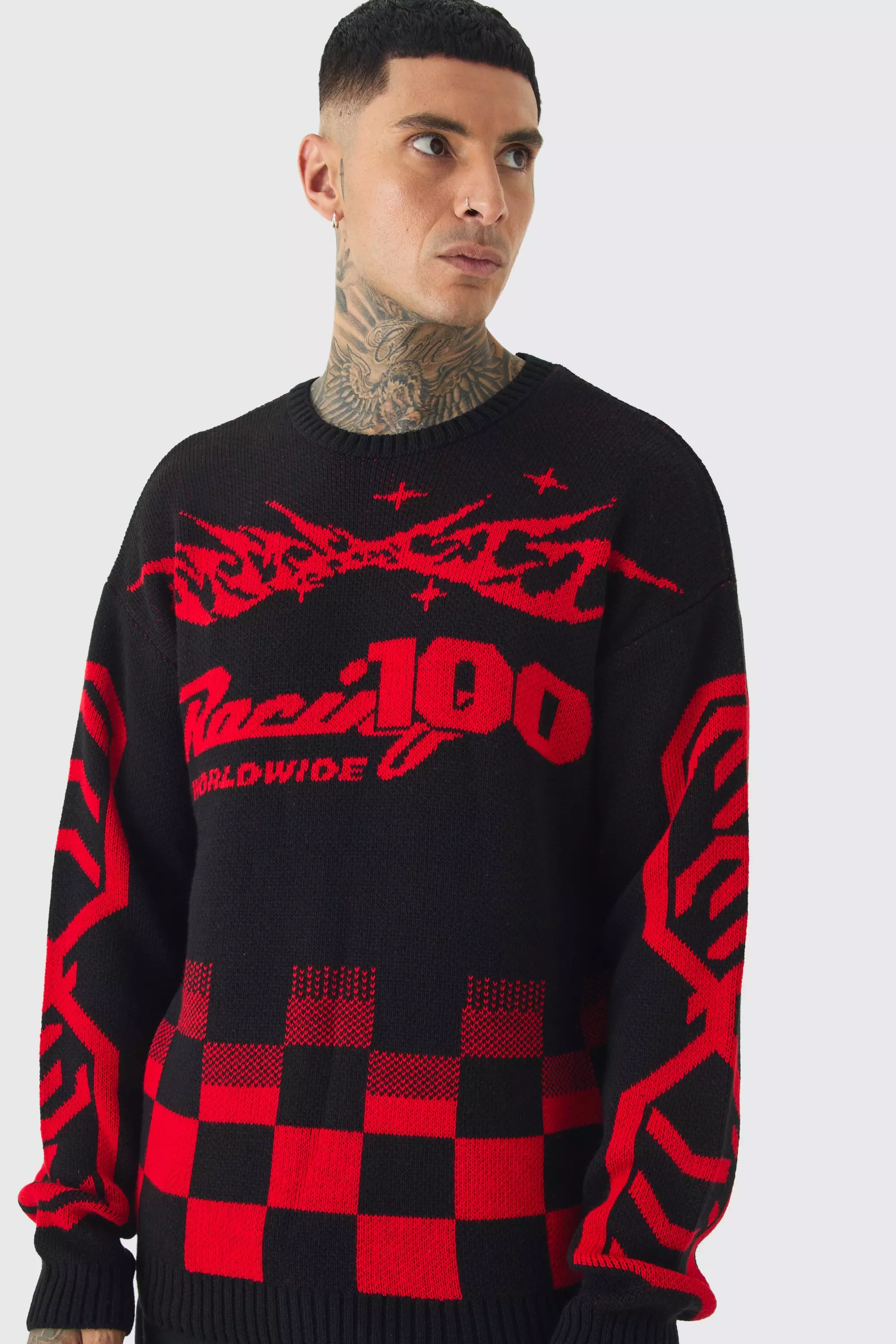 Tall Moto Crew Neck Knitted Jumper In Black Black